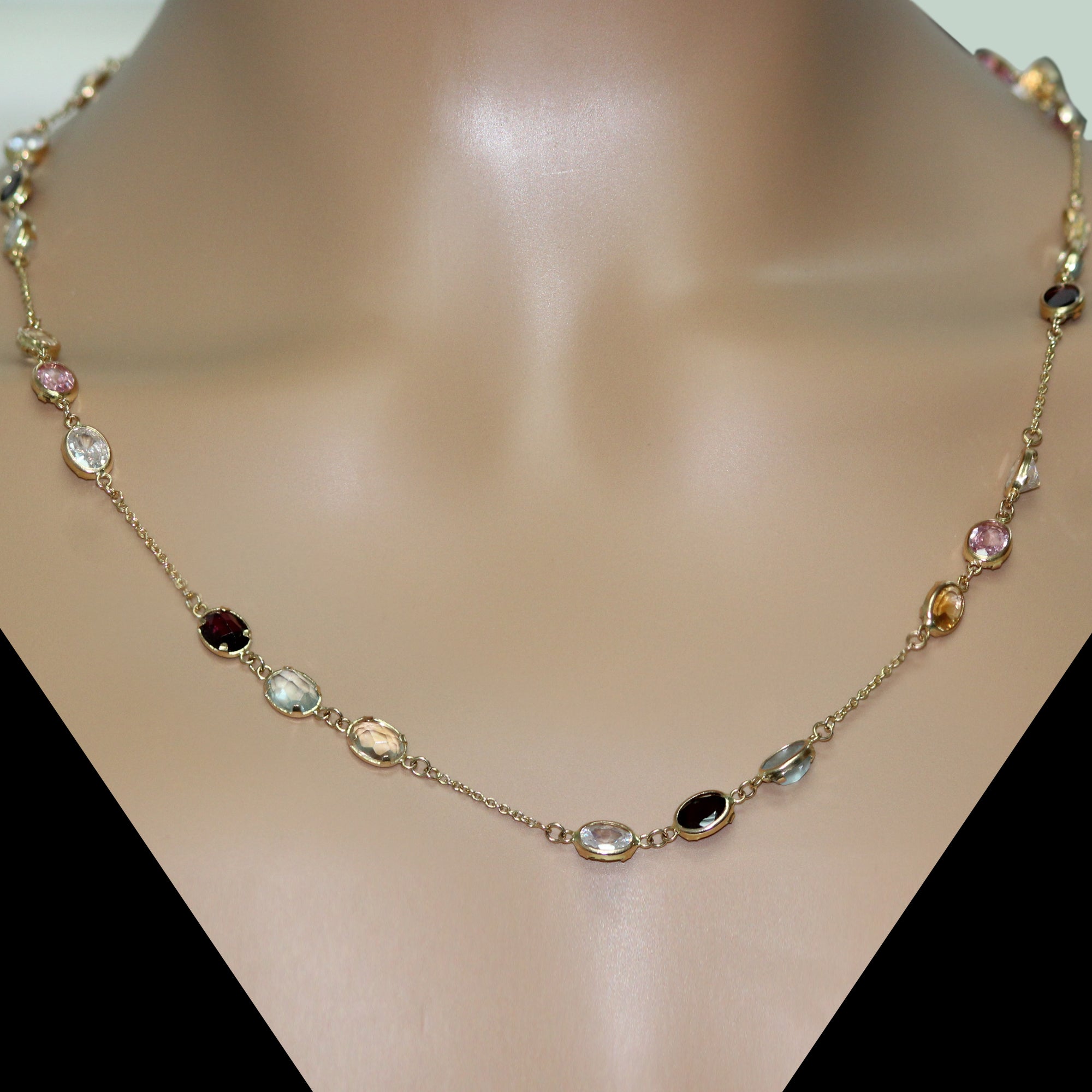 Multi-Gemstone Chain Necklace 14K Yellow Gold 32" Circle Link Chain Oval Gems