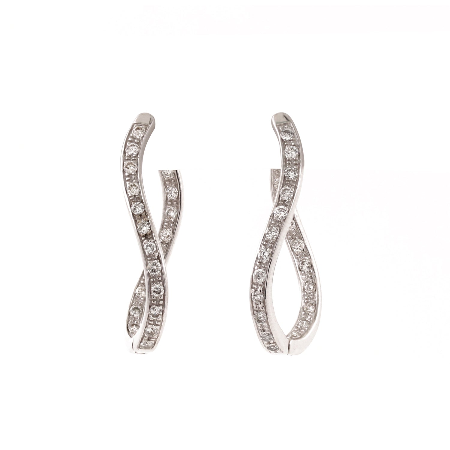 Inside Out Diamond Oval Hoop Earrings 14K White Gold 0.70 CTW Curved Swirl 1.10"