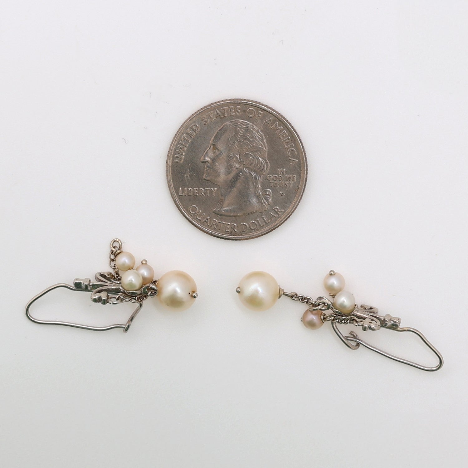 Vintage Freshwater Pearl 3-Strand Drop Dangle Earrings 14K White Gold 1.50"