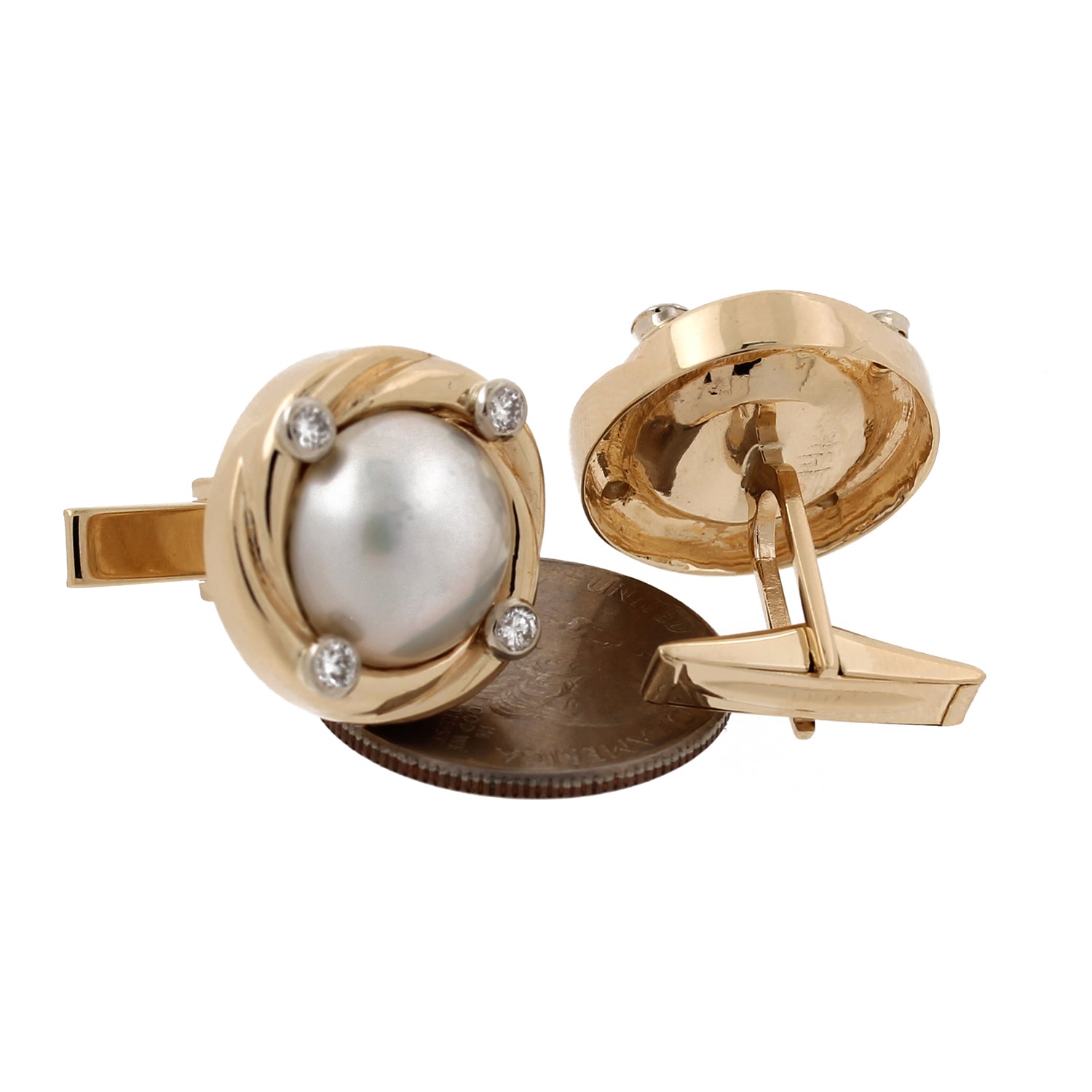 Estate Mabe Pearl Diamond Accent Cufflinks 14K Yellow Gold 0.24 CTW 21 mm