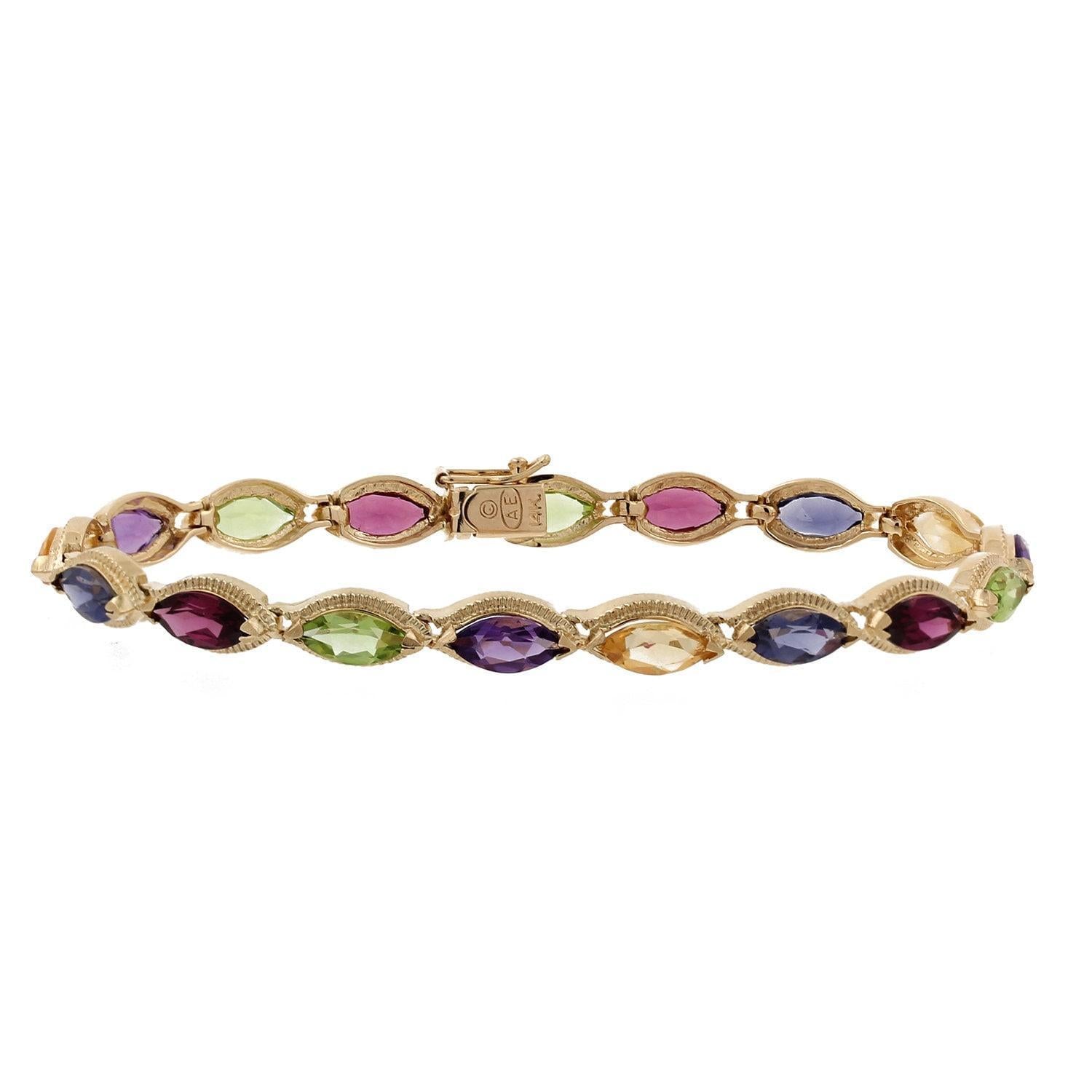 10.00 CTW Multi Colored Marquise Gemstone Bracelet 14K Yellow Gold 7" Ladies