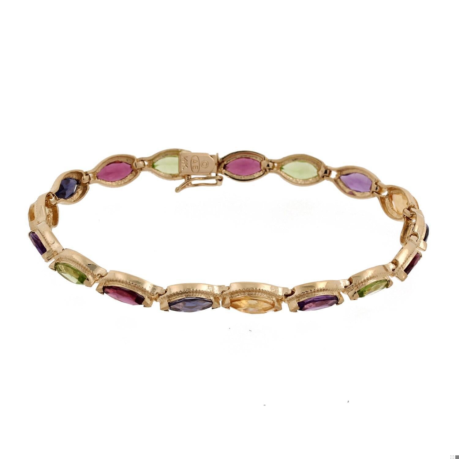 10.00 CTW Multi Colored Marquise Gemstone Bracelet 14K Yellow Gold 7" Ladies
