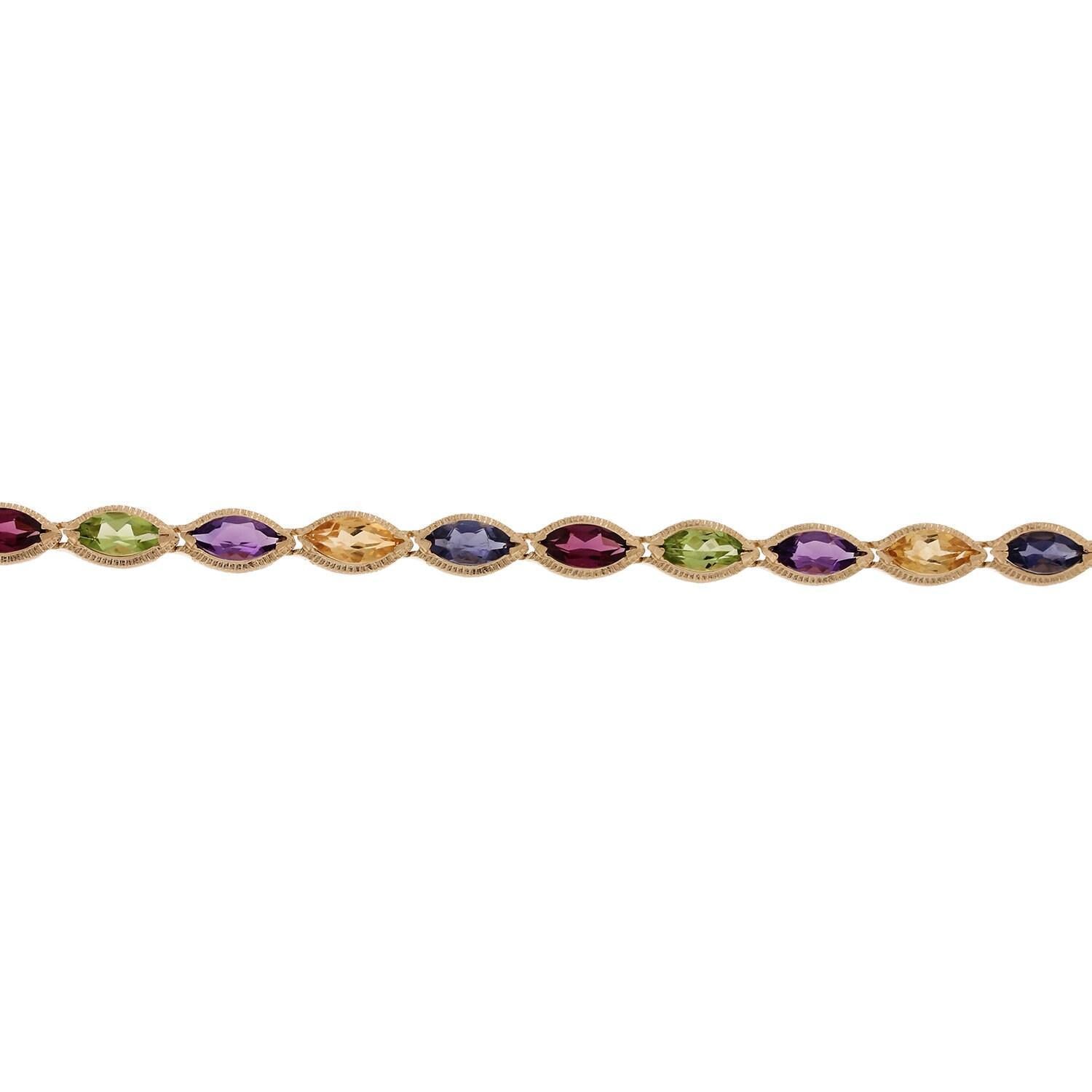 10.00 CTW Multi Colored Marquise Gemstone Bracelet 14K Yellow Gold 7" Ladies
