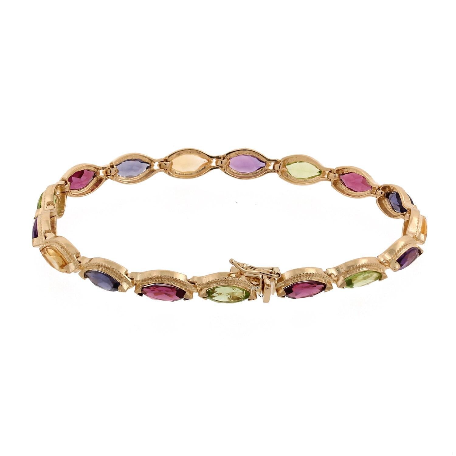 10.00 CTW Multi Colored Marquise Gemstone Bracelet 14K Yellow Gold 7" Ladies