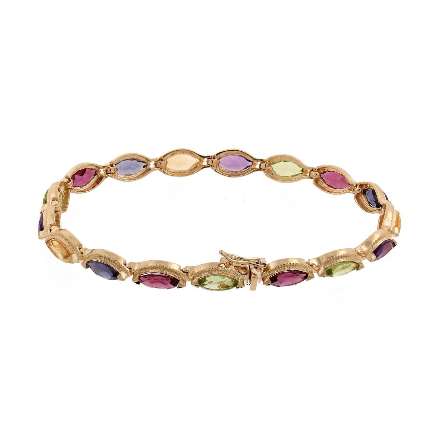 10.00 CTW Multi Colored Marquise Gemstone Bracelet 14K Yellow Gold 7" Ladies