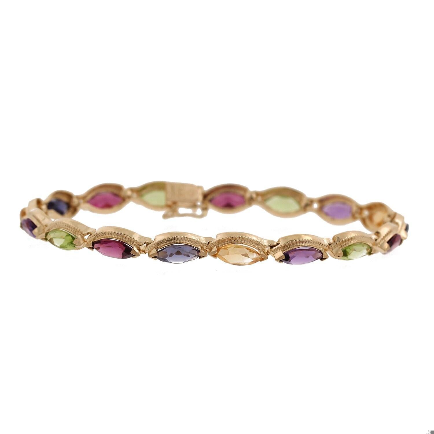 10.00 CTW Multi Colored Marquise Gemstone Bracelet 14K Yellow Gold 7" Ladies