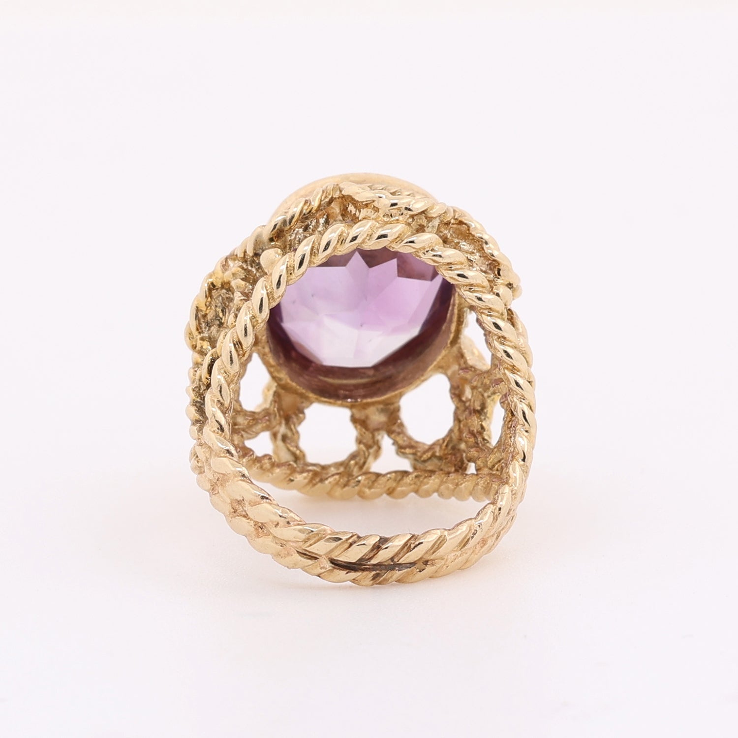 Vintage Amethyst Flower Statement Ring 14K Yellow Gold 14 x 12 mm Oval Gem SZ 5