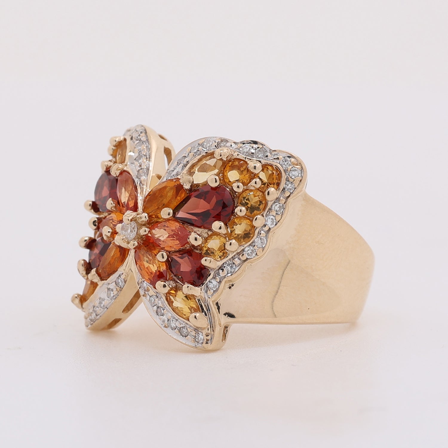 Citrine Garnet Diamond Butterfly Statement Ring 14K Yellow Gold Size 10.25