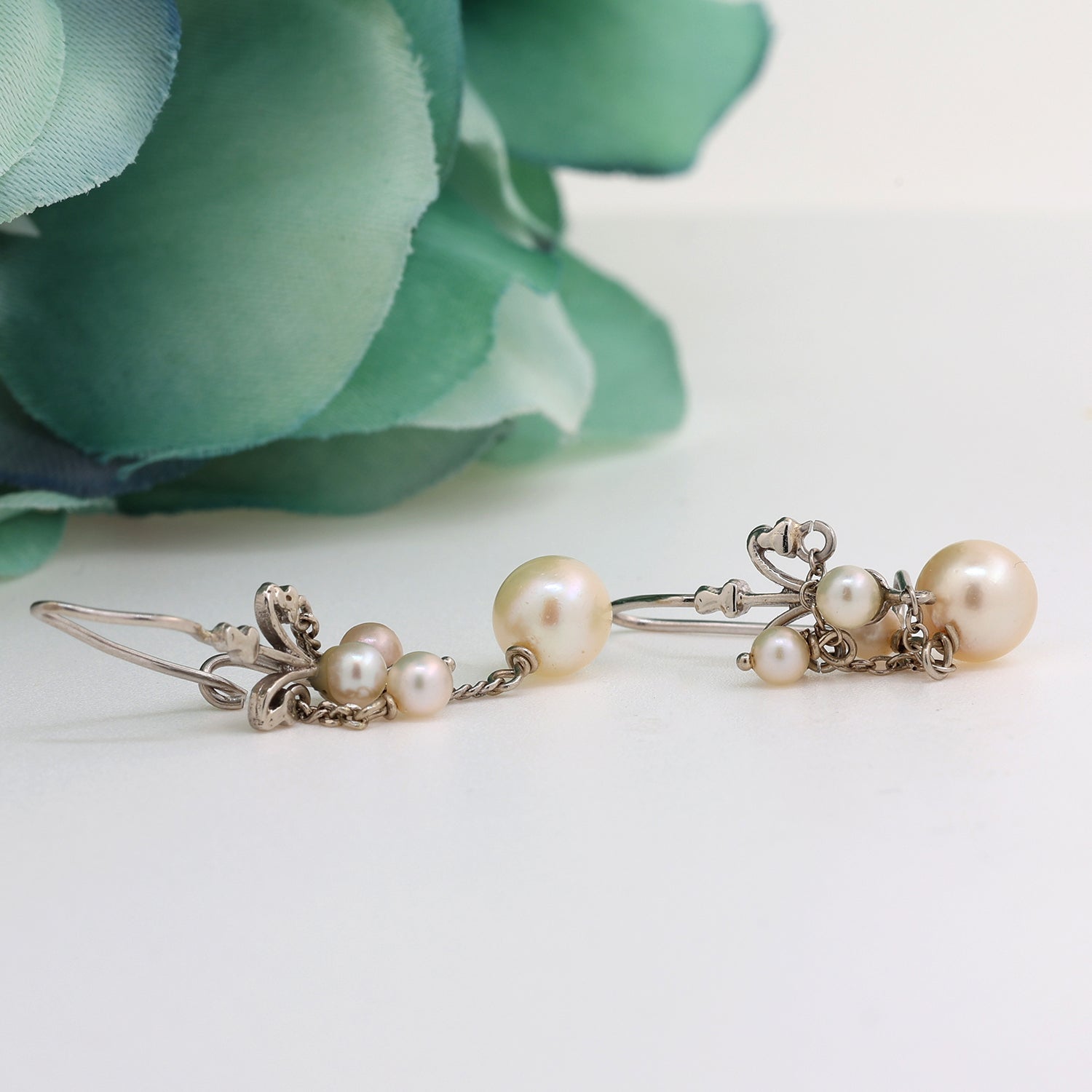 Vintage Freshwater Pearl 3-Strand Drop Dangle Earrings 14K White Gold 1.50"