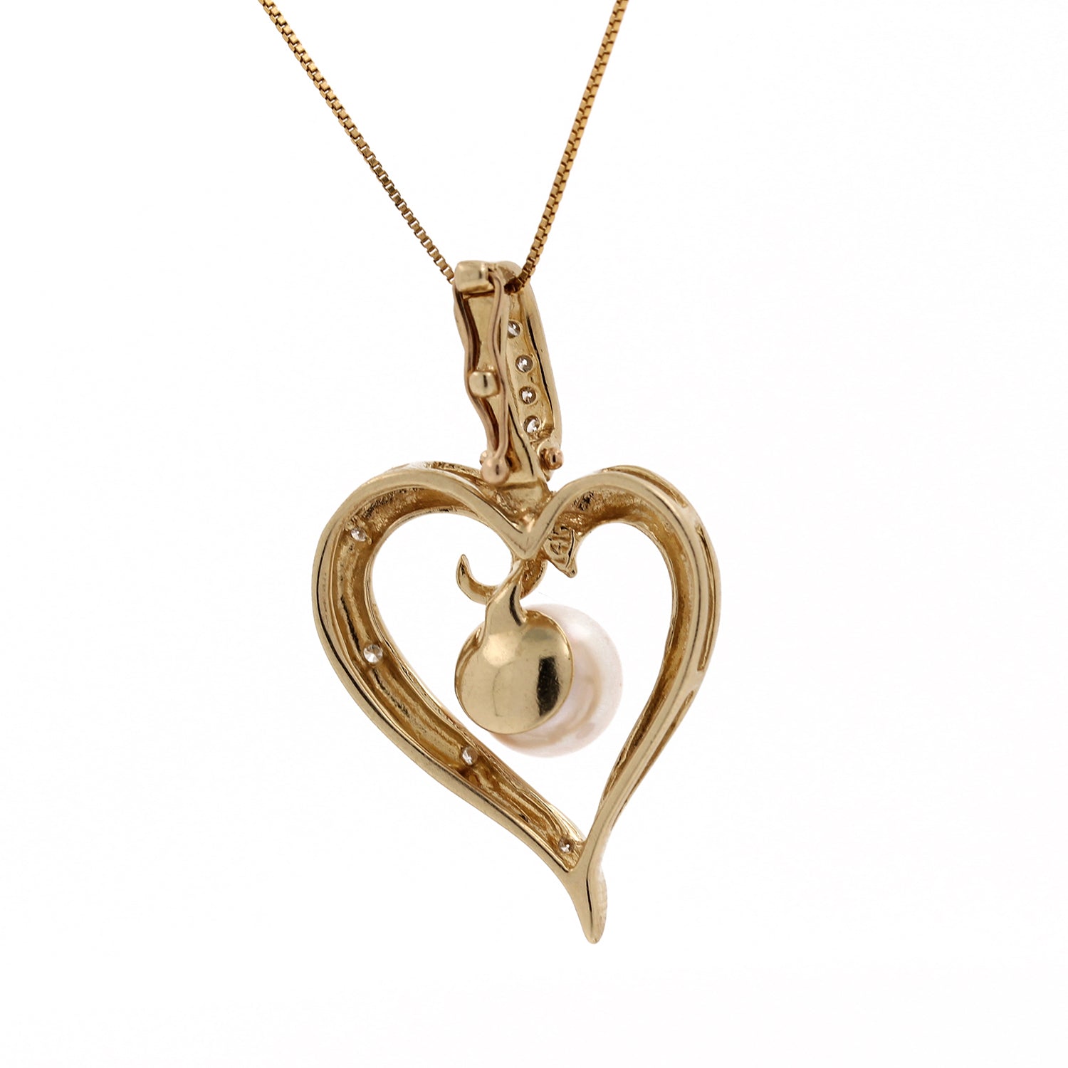 Estate Open Heart Diamond & Pearl Pendant 14K Yellow Gold 0.20 CTW 1.35" Ladies