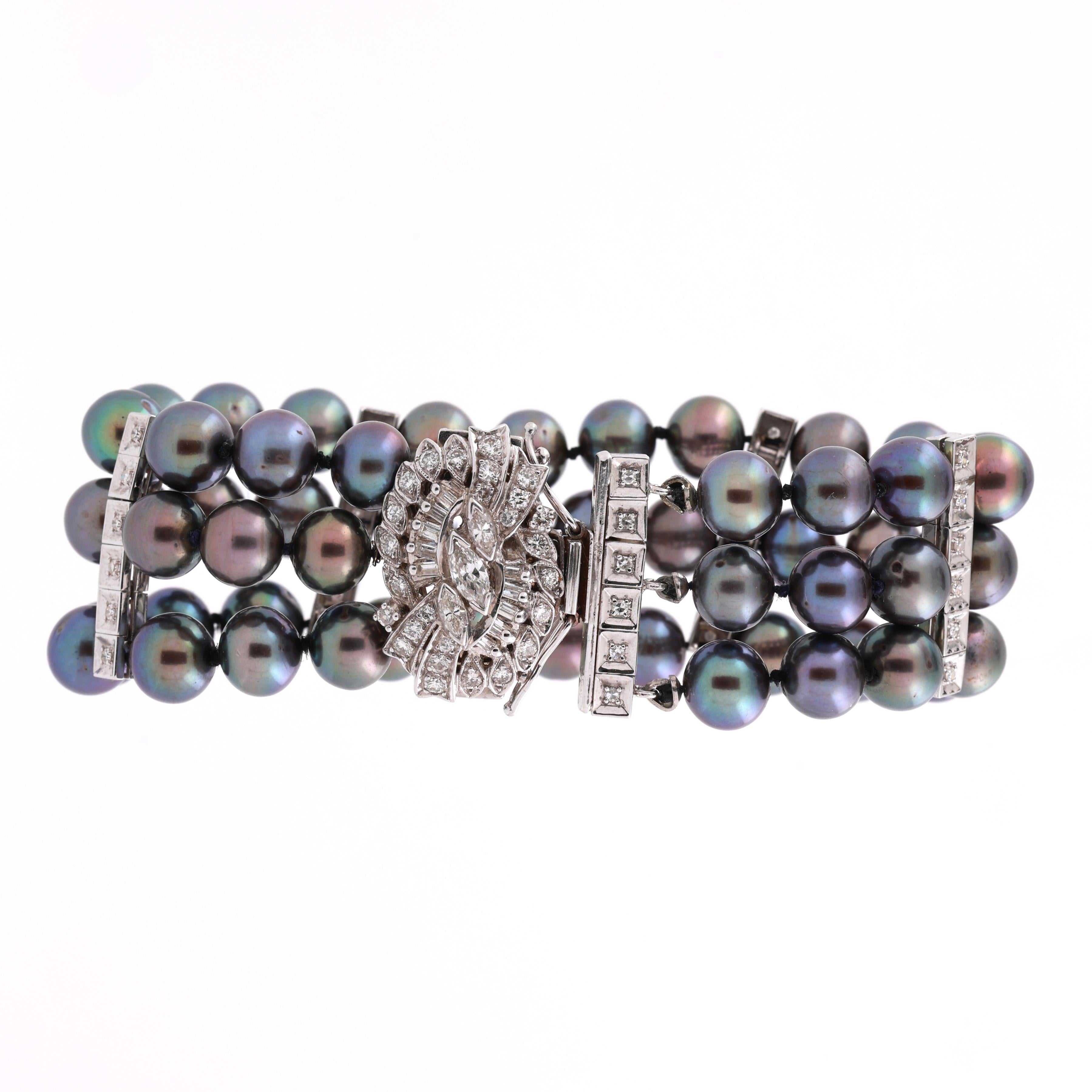 3 Strand Freshwater Pearl Diamond Bracelet 14K White Gold 7.5" GIA 1.50CT