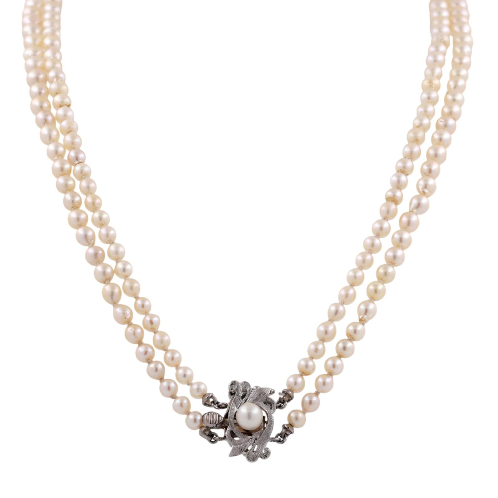 GIA Akoya Pearl Necklace Double Strand 18" 14K White Gold Clasp Vintage Estate