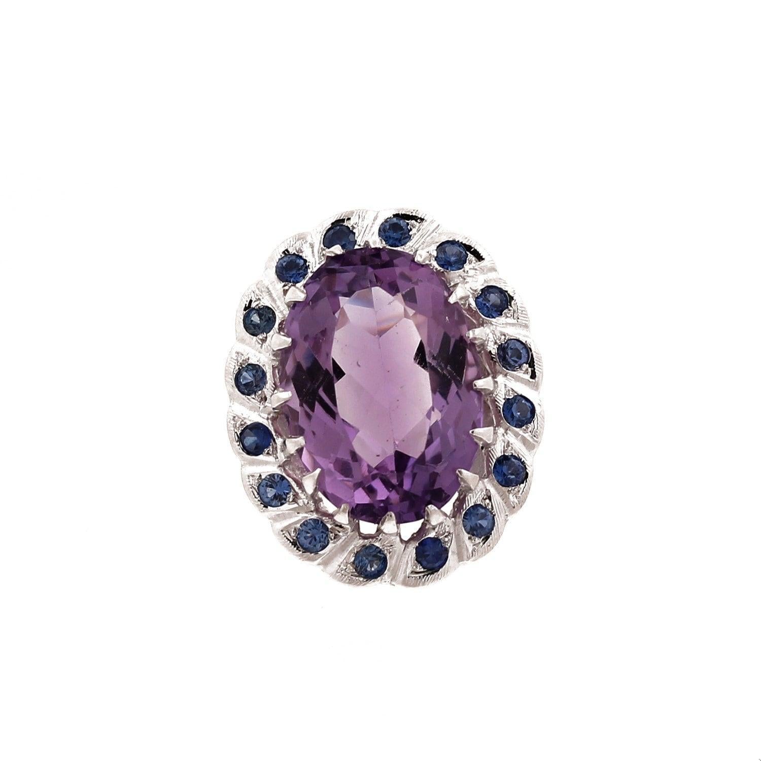 Amethyst Sapphire Halo Statement Ring 14K White Gold 11.79 CTW Size 5.25 Estate