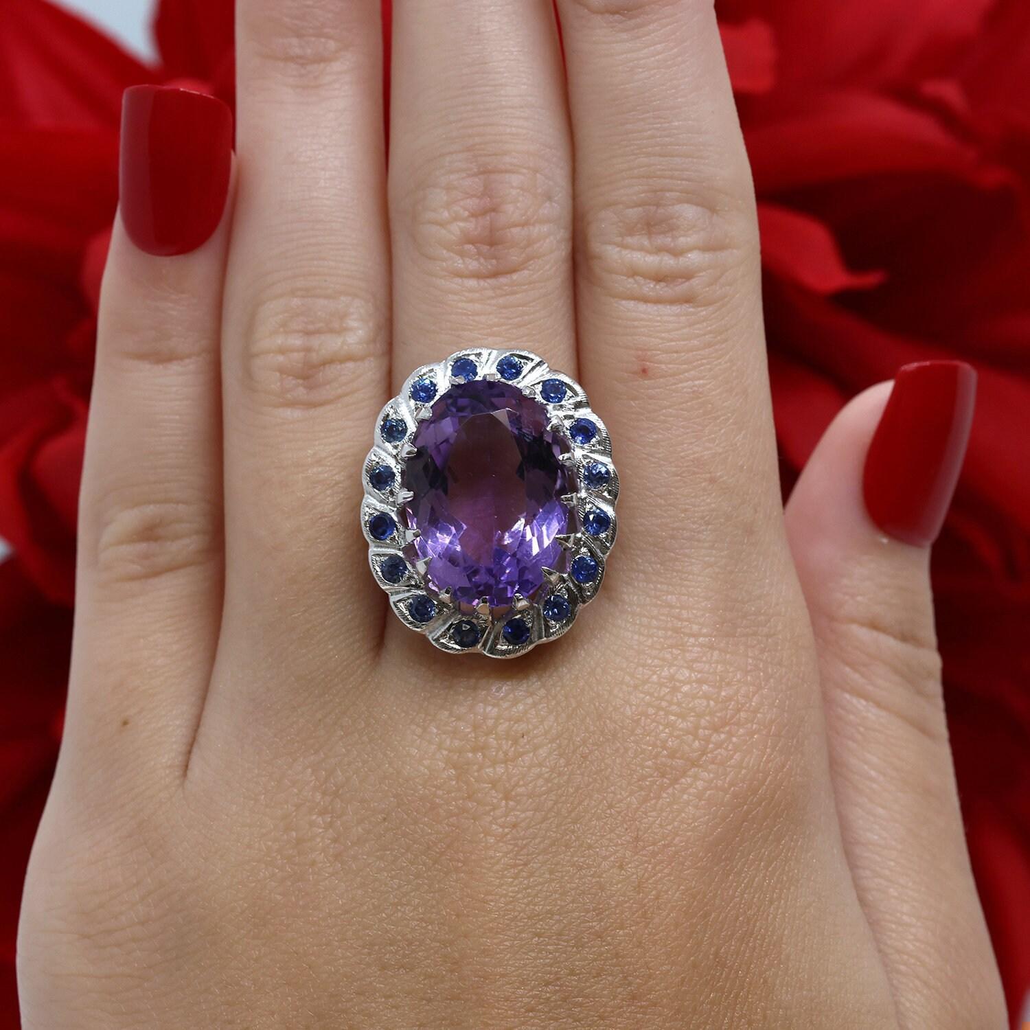 Amethyst Sapphire Halo Statement Ring 14K White Gold 11.79 CTW Size 5.25 Estate
