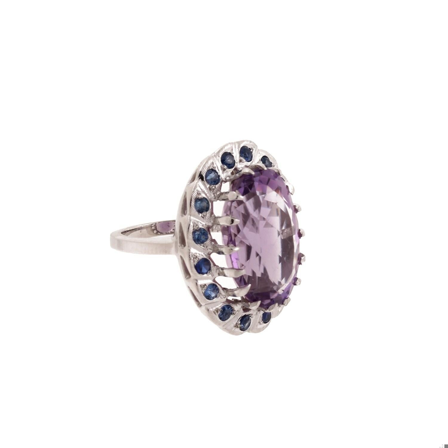 Amethyst Sapphire Halo Statement Ring 14K White Gold 11.79 CTW Size 5.25 Estate