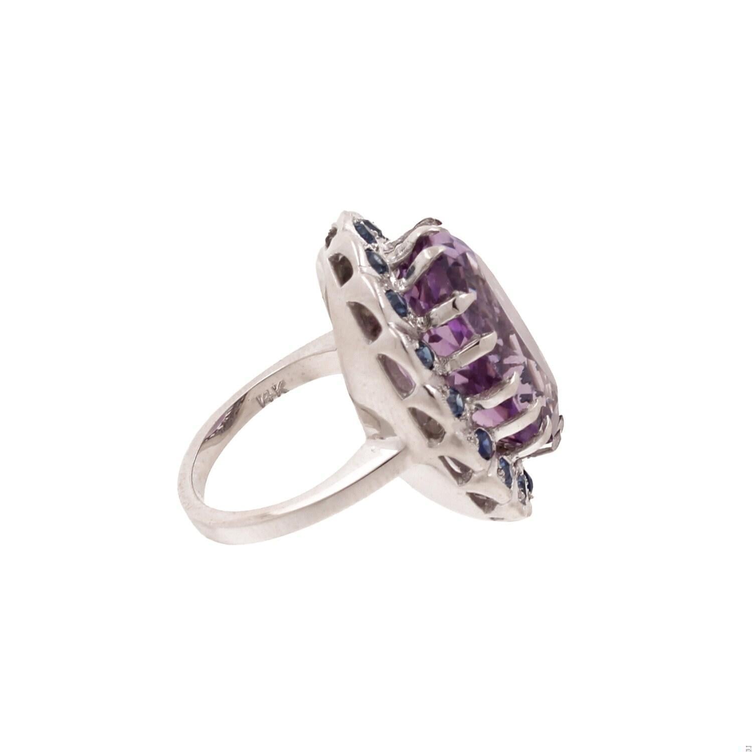 Amethyst Sapphire Halo Statement Ring 14K White Gold 11.79 CTW Size 5.25 Estate