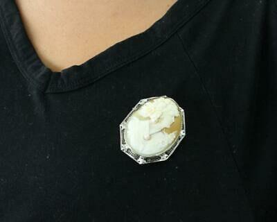 Pearl Cameo Brooch Pin Pendant 14K White Gold Filigree Frame Ladies Estate