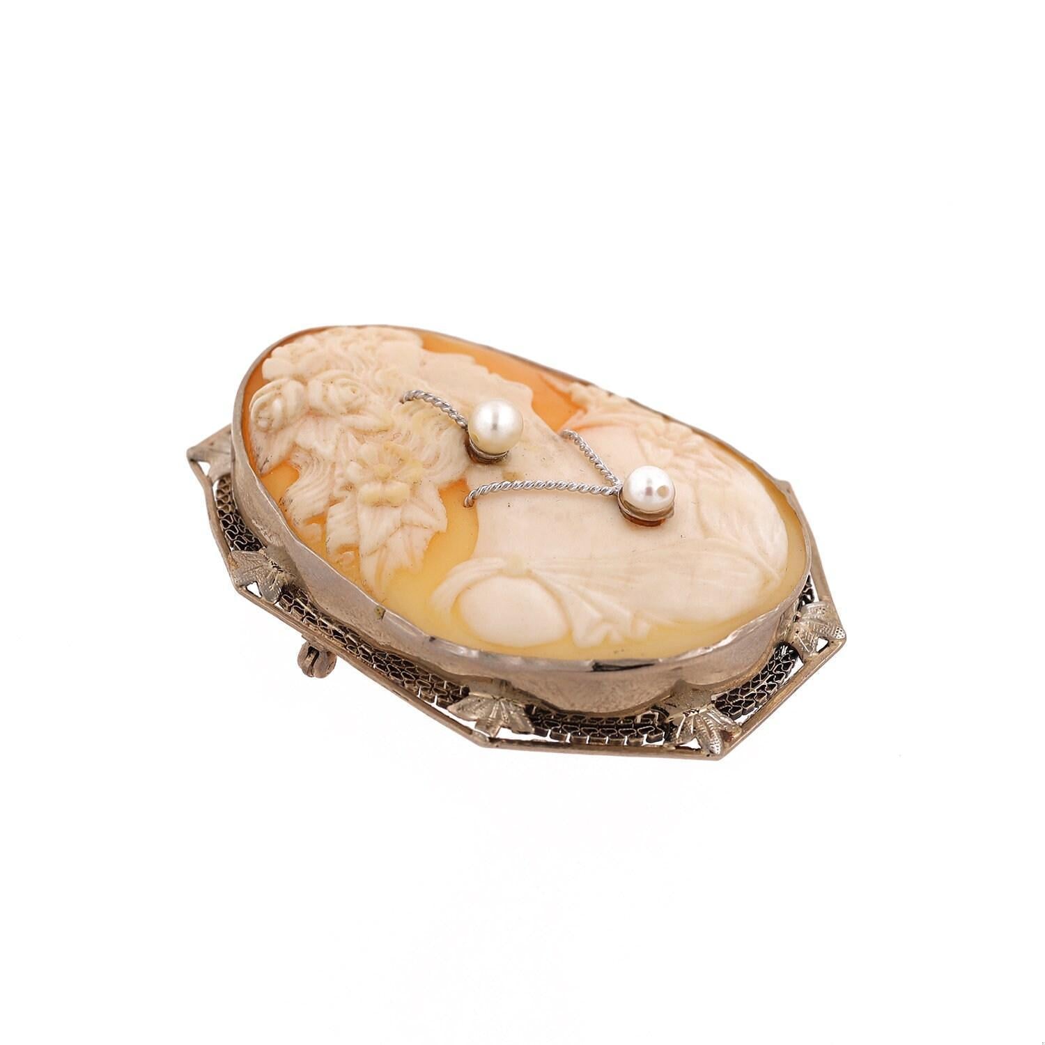 Pearl Cameo Brooch Pin Pendant 14K White Gold Filigree Frame Ladies Estate