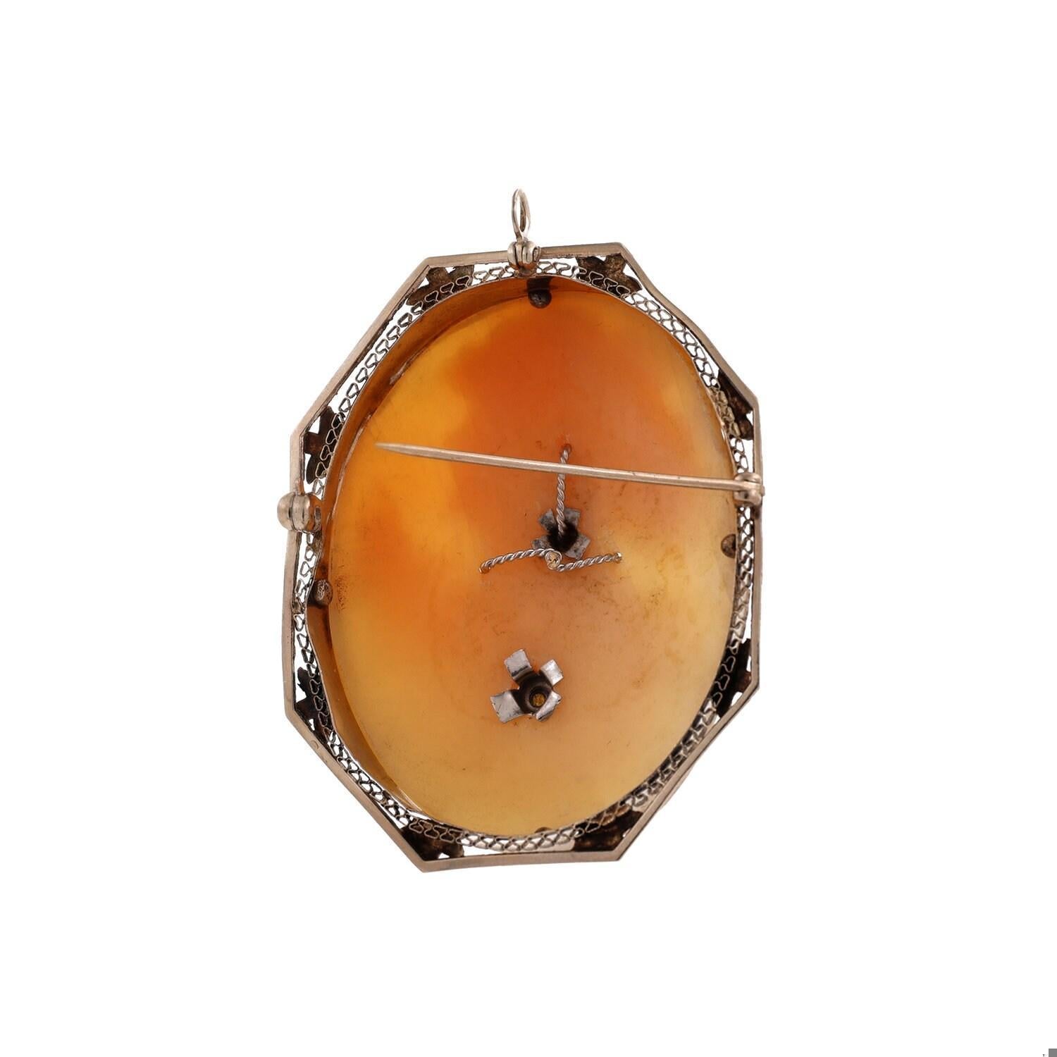 Pearl Cameo Brooch Pin Pendant 14K White Gold Filigree Frame Ladies Estate