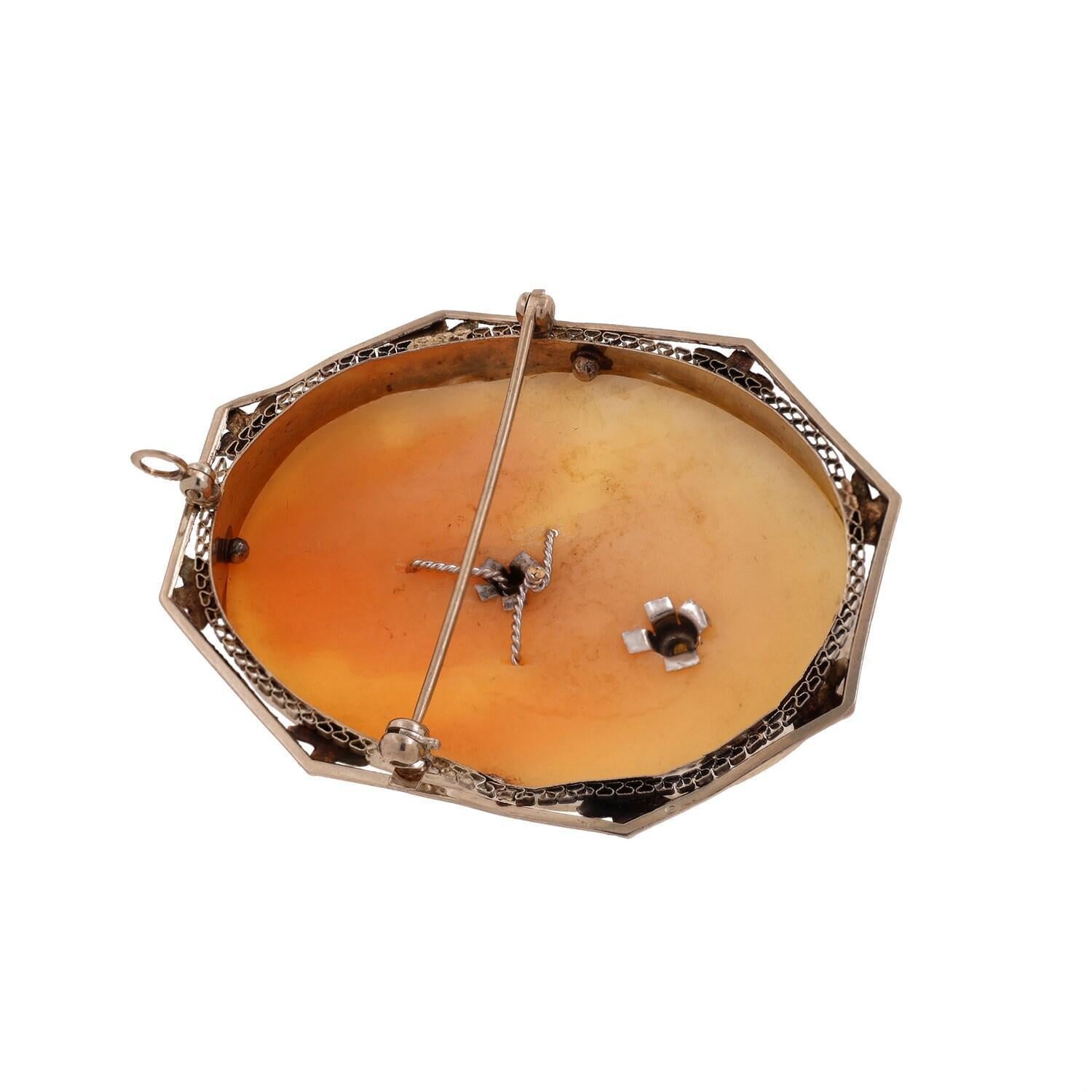 Pearl Cameo Brooch Pin Pendant 14K White Gold Filigree Frame Ladies Estate