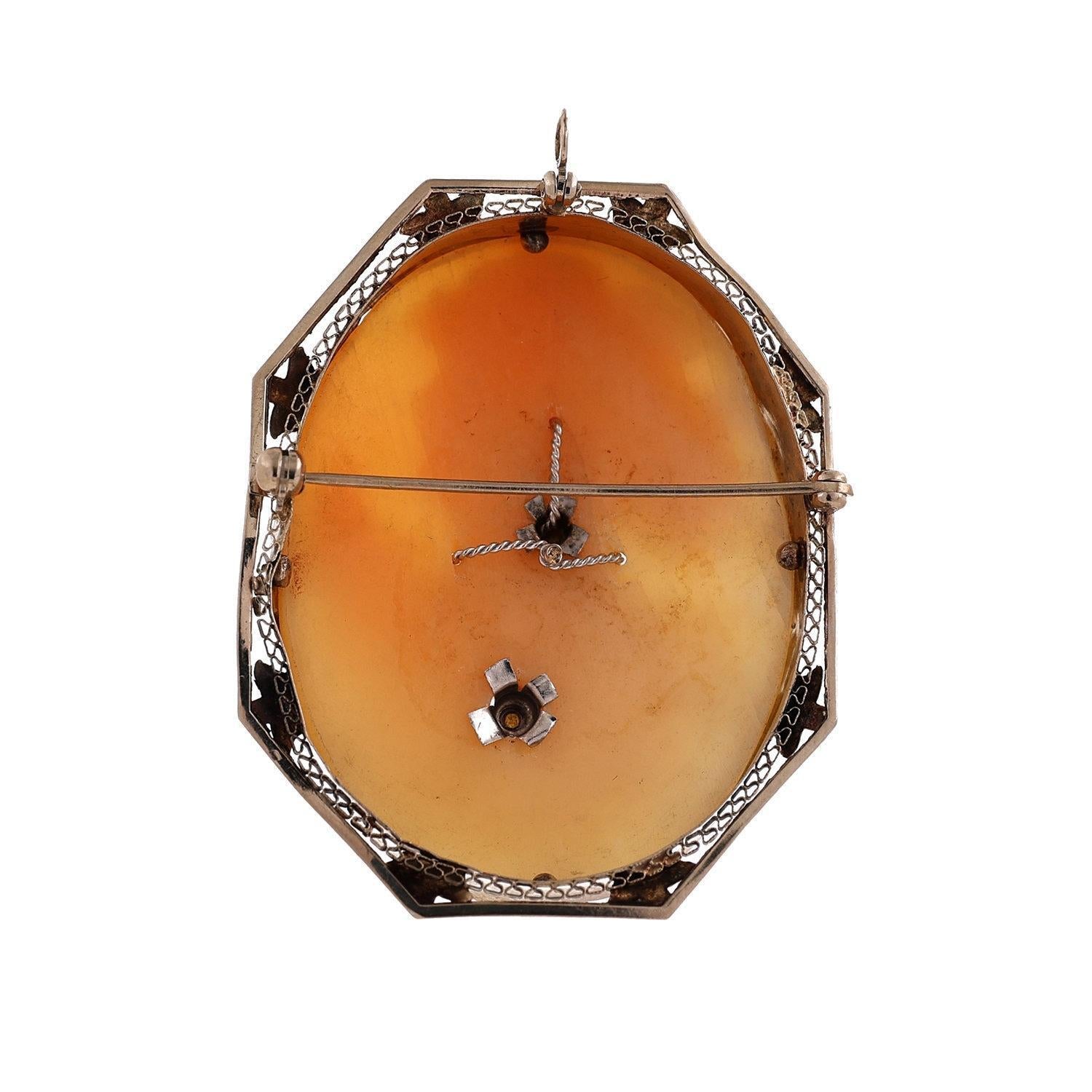 Pearl Cameo Brooch Pin Pendant 14K White Gold Filigree Frame Ladies Estate