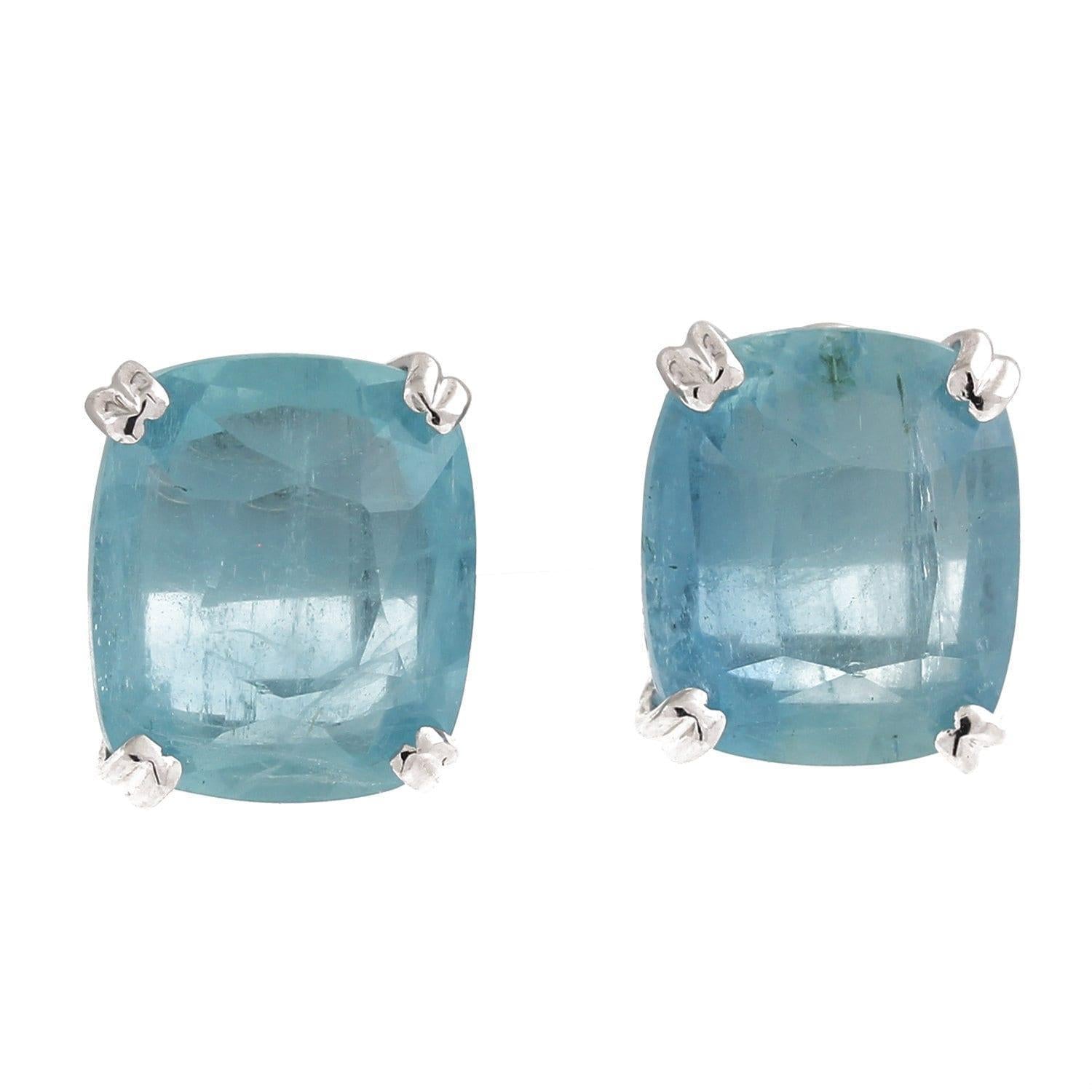 Aquamarine Stud Earrings White Gold 19.50 TW Cushion Cut Gemstones Ladies Estate