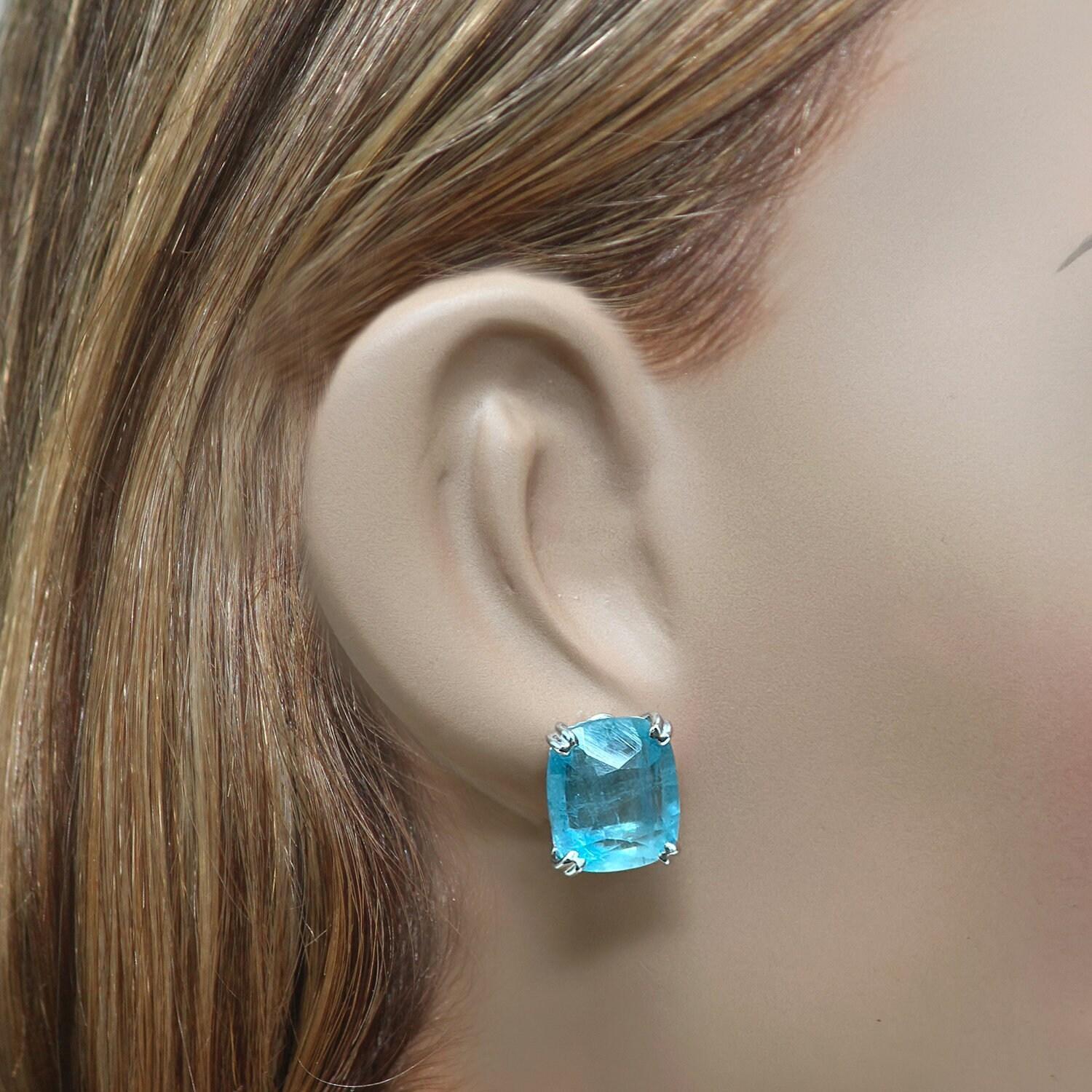Aquamarine Stud Earrings White Gold 19.50 TW Cushion Cut Gemstones Ladies Estate