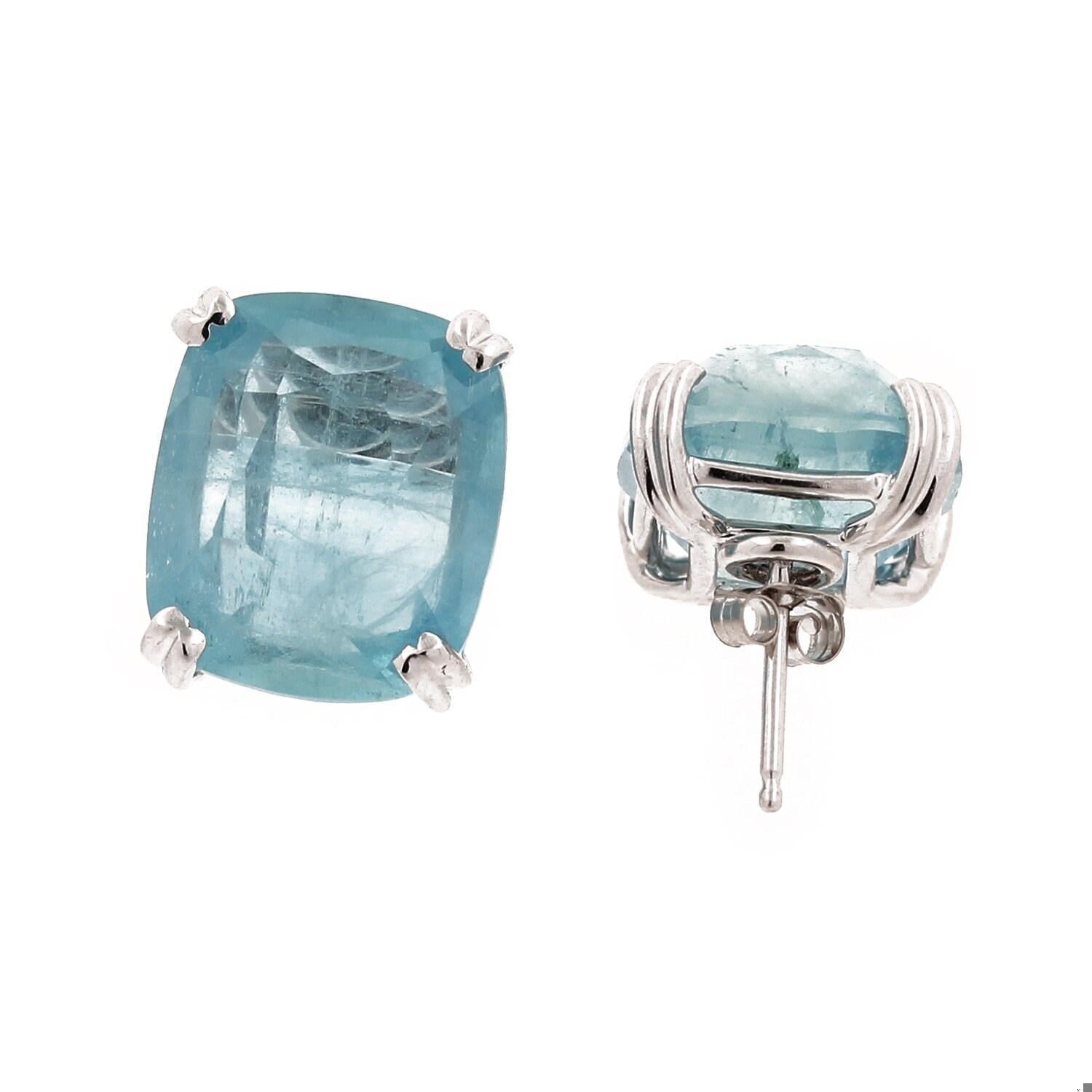 Aquamarine Stud Earrings White Gold 19.50 TW Cushion Cut Gemstones Ladies Estate