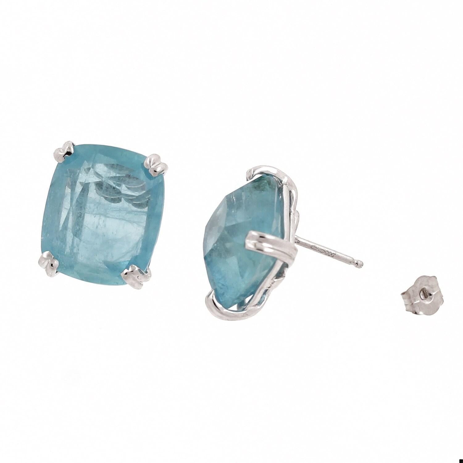 Aquamarine Stud Earrings White Gold 19.50 TW Cushion Cut Gemstones Ladies Estate
