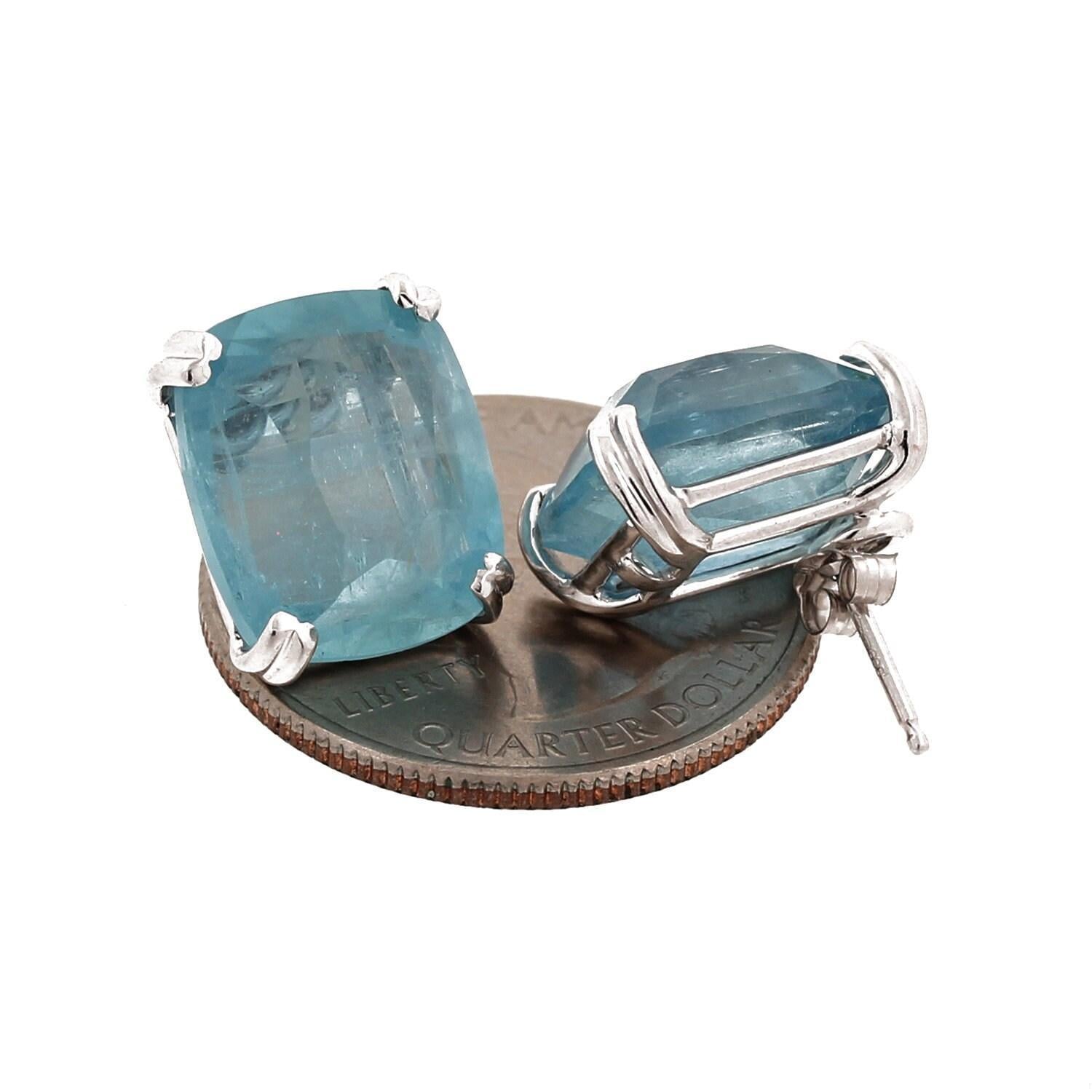 Aquamarine Stud Earrings White Gold 19.50 TW Cushion Cut Gemstones Ladies Estate