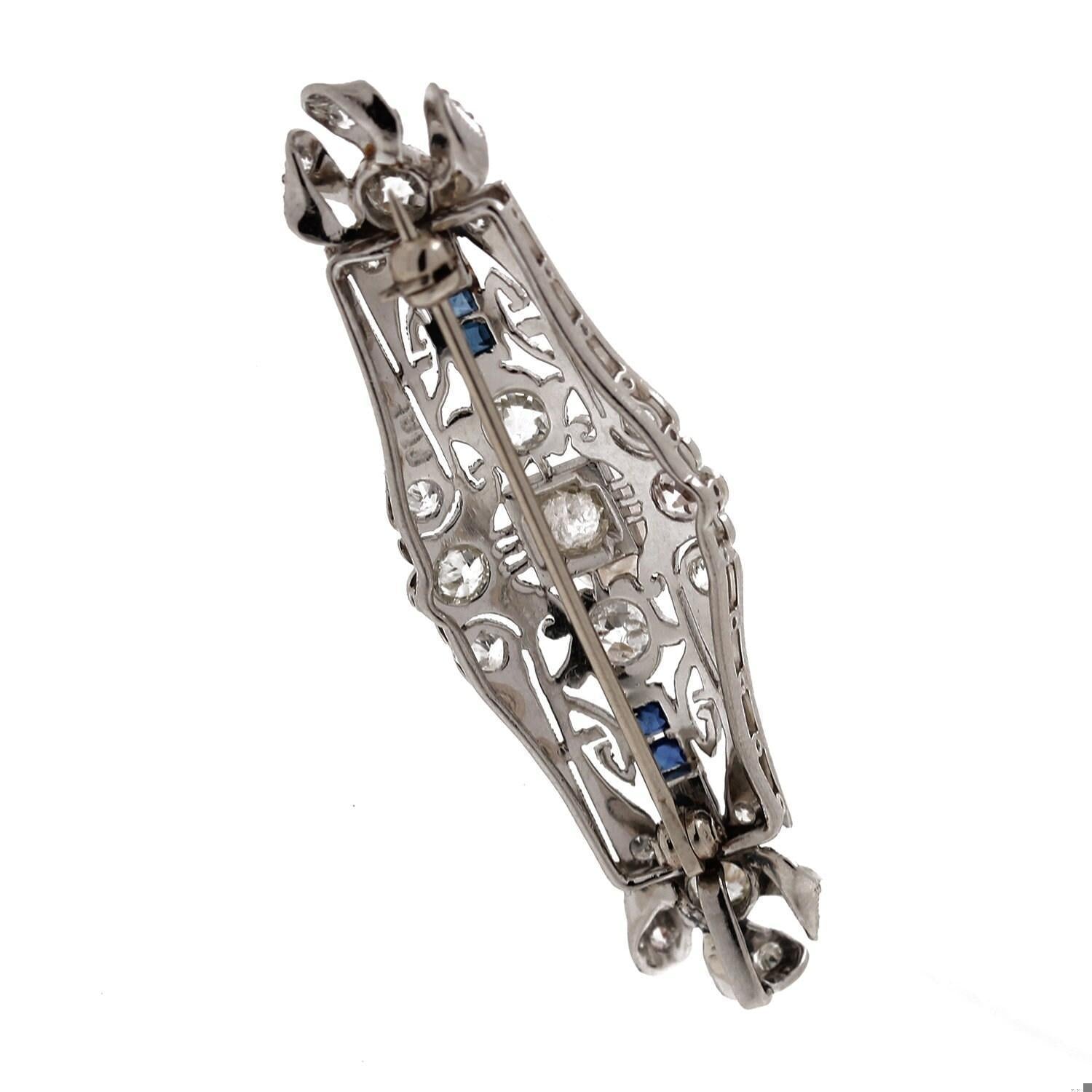 Art Deco 1.49 TW Old Euro Diamonds And Sapphire Filigree Brooch Pin Platinum