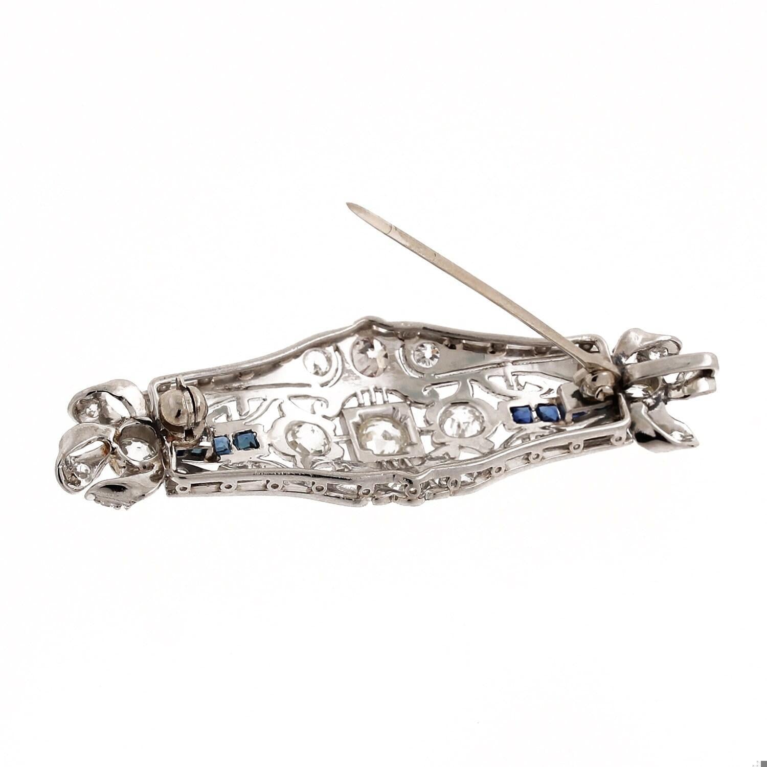 Art Deco 1.49 TW Old Euro Diamonds And Sapphire Filigree Brooch Pin Platinum
