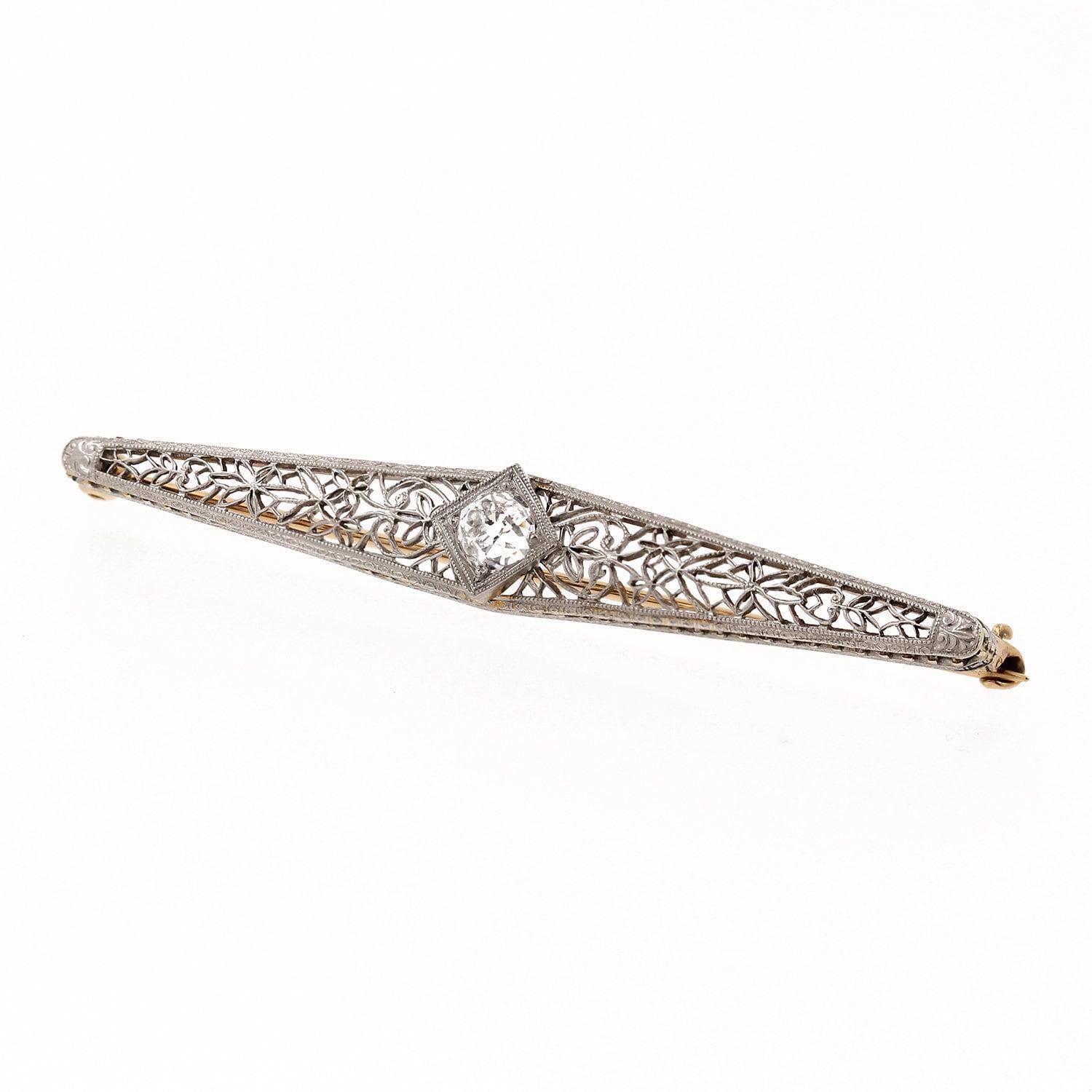 Art Deco Diamond Filigree Brooch Pin 14K Two-Tone Gold 0.50 TW Old Euro Diamond