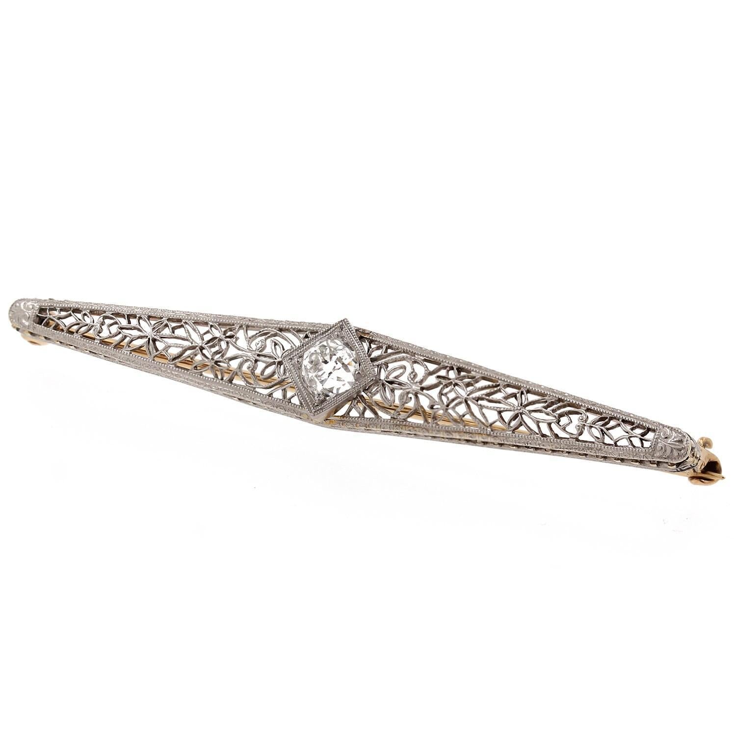 Art Deco Diamond Filigree Brooch Pin 14K Two-Tone Gold 0.50 TW Old Euro Diamond