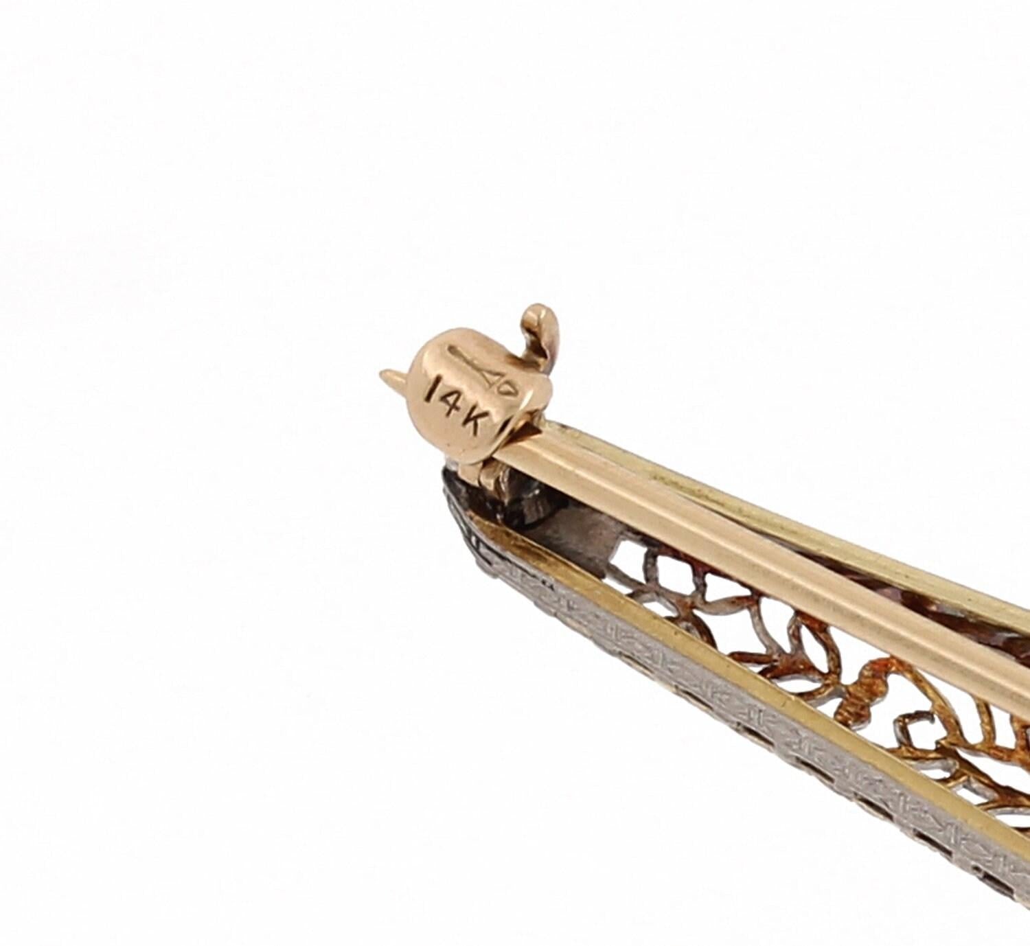 Art Deco Diamond Filigree Brooch Pin 14K Two-Tone Gold 0.50 TW Old Euro Diamond