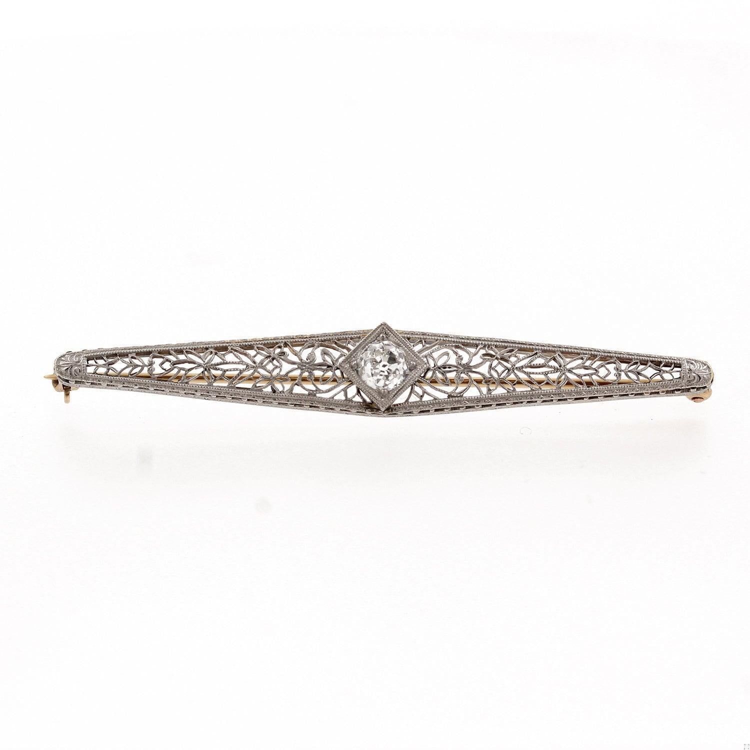 Art Deco Diamond Filigree Brooch Pin 14K Two-Tone Gold 0.50 TW Old Euro Diamond