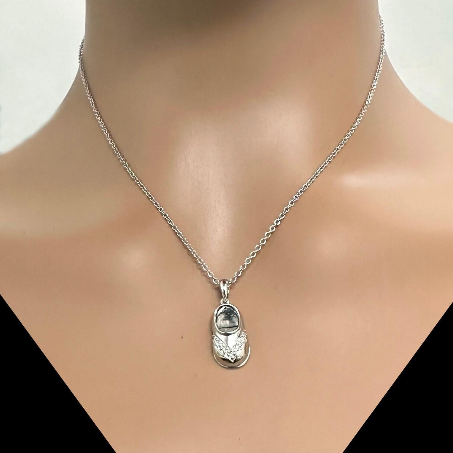 Baby Shoe Charm Pendant 14K White Gold 0.10 CTW Diamonds Vintage Estate 0.85"