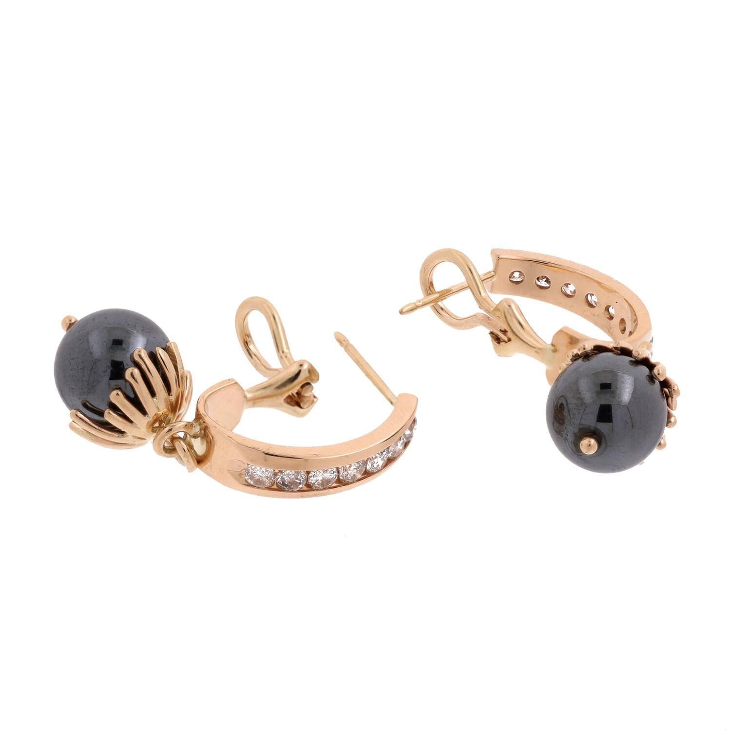 Hematite Diamond Drop Dangle Earrings Yellow Gold Omega Backs 1.18" Ladies