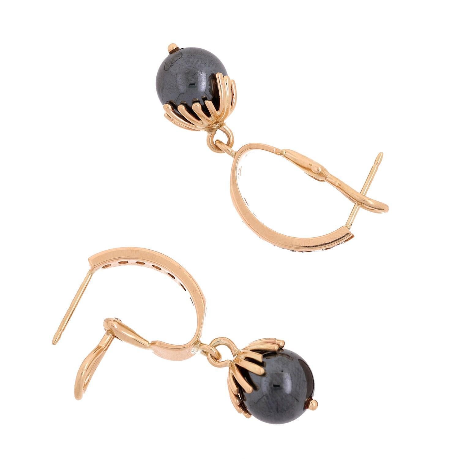 Hematite Diamond Drop Dangle Earrings Yellow Gold Omega Backs 1.18" Ladies