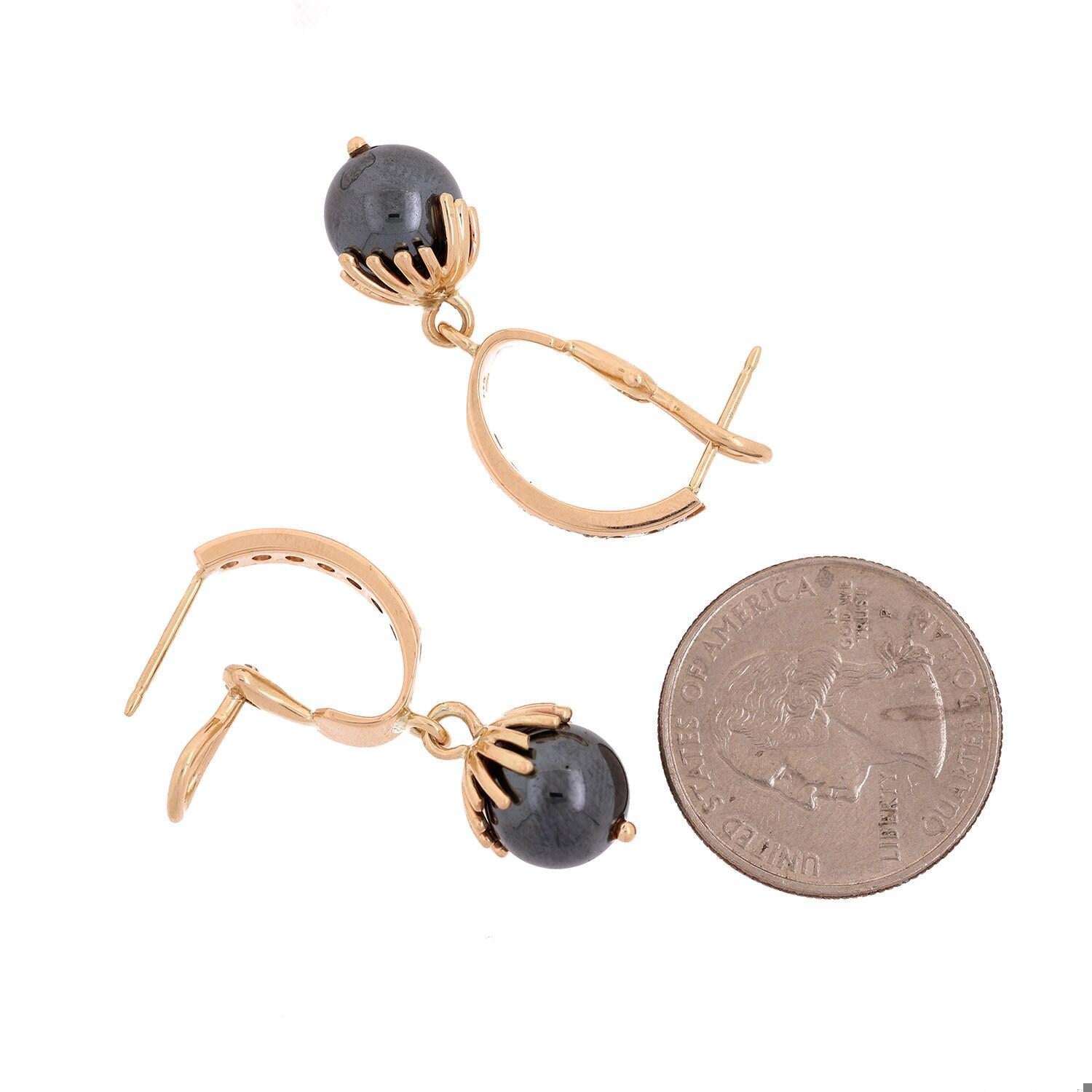 Hematite Diamond Drop Dangle Earrings Yellow Gold Omega Backs 1.18" Ladies