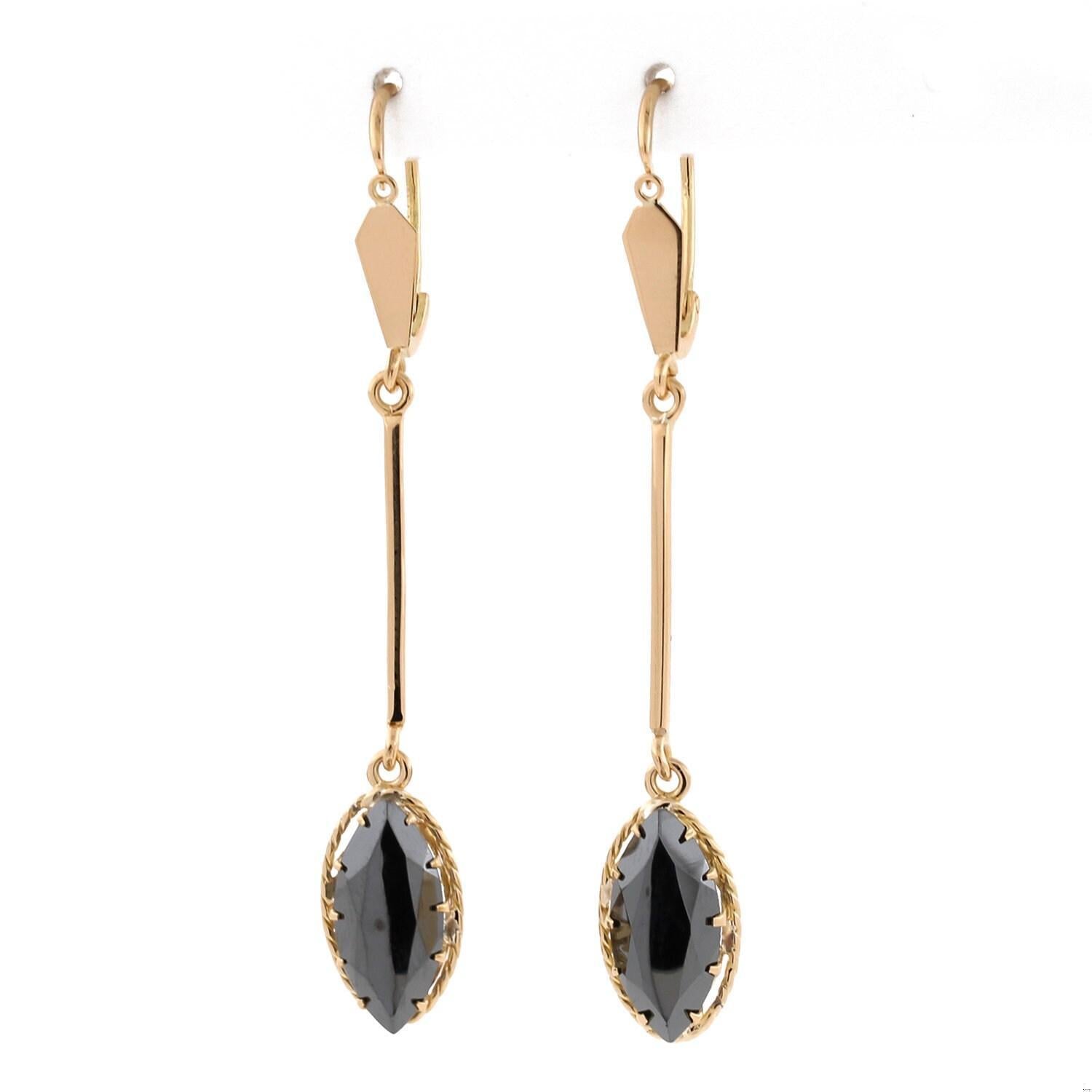 Hematite Marquise Drop Dangle Earrings 14K Yellow Gold Lever Backs 2.40" Ladies