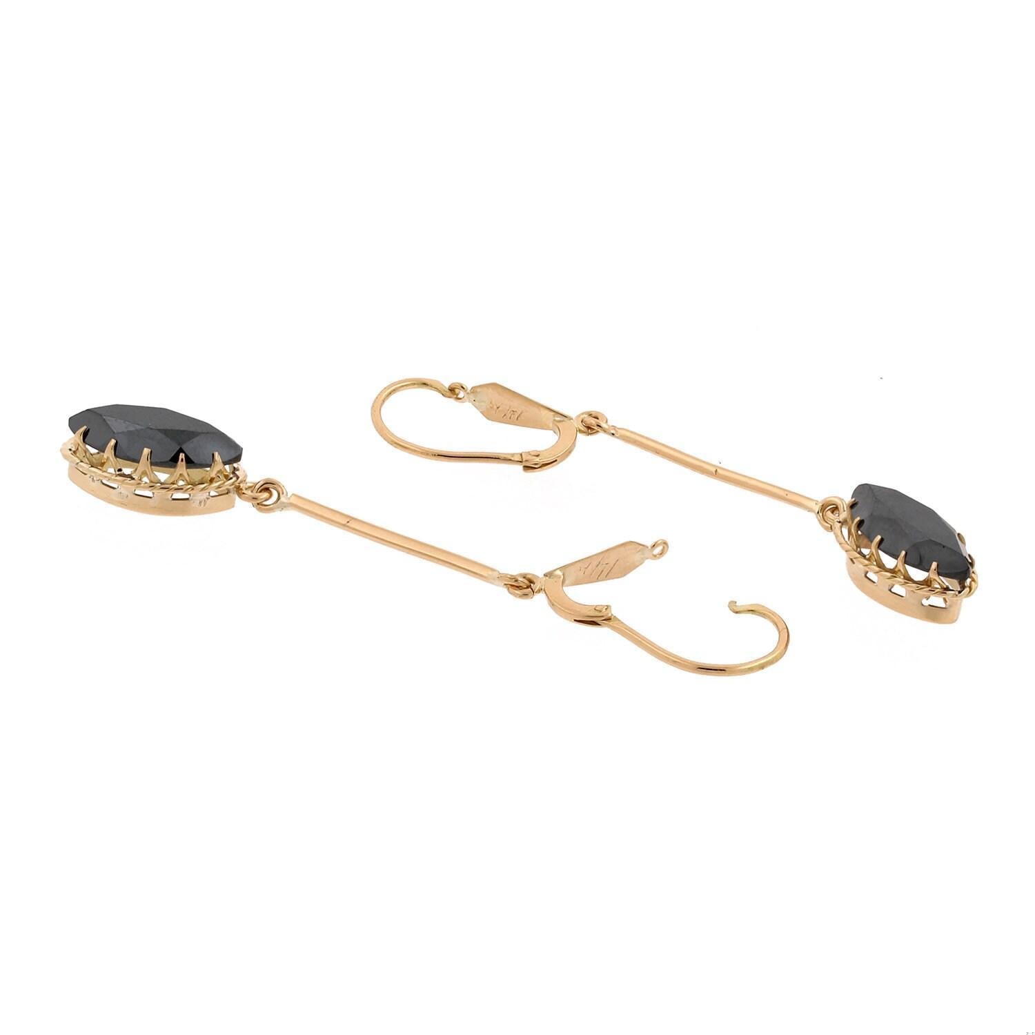 Hematite Marquise Drop Dangle Earrings 14K Yellow Gold Lever Backs 2.40" Ladies