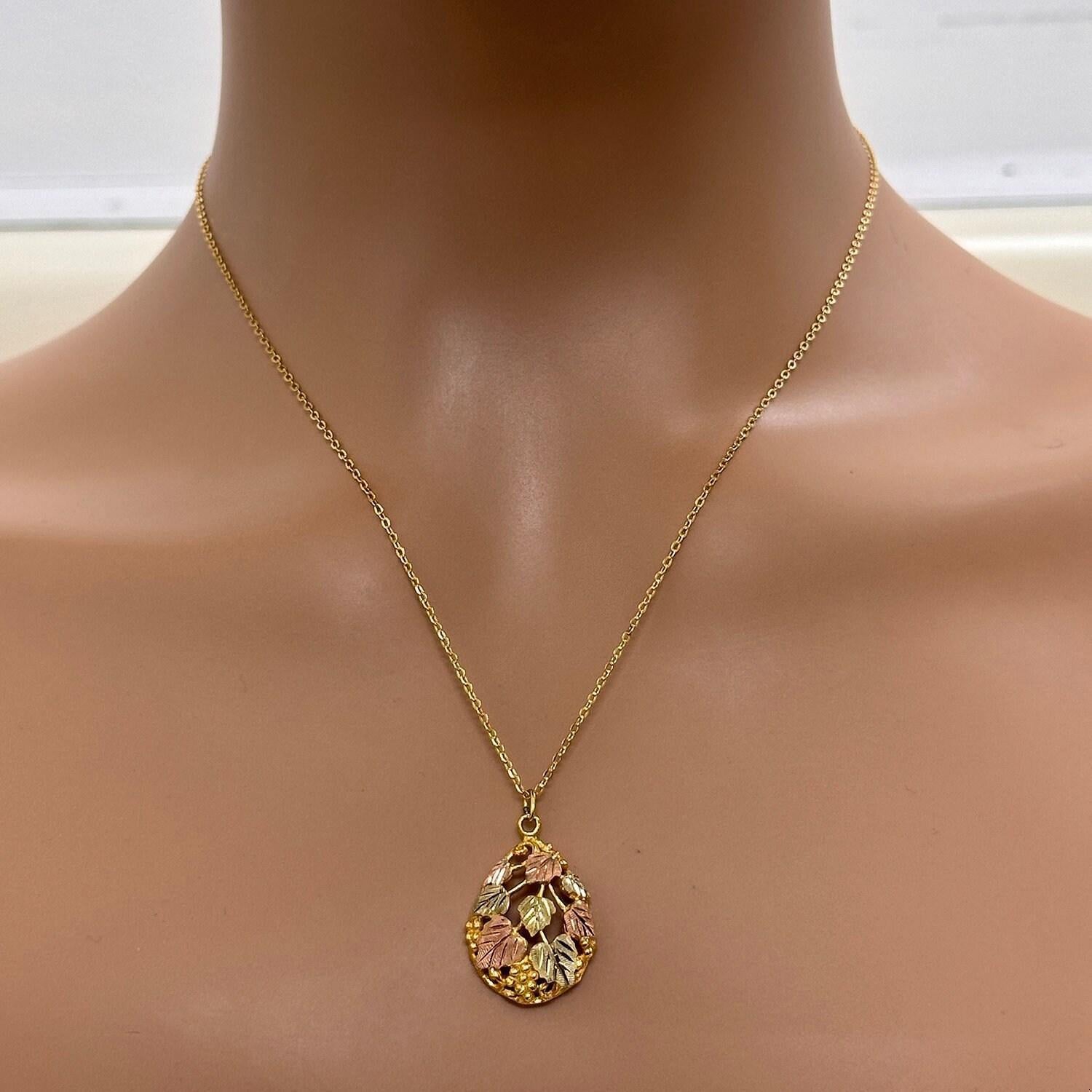 Black Hills Teardrop Pendant Chain Necklace Grape Leaf 10K 12K Tri-Colored Gold