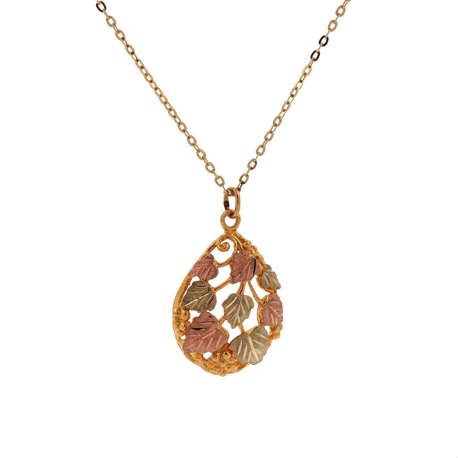 Black Hills Teardrop Pendant Chain Necklace Grape Leaf 10K 12K Tri-Colored Gold