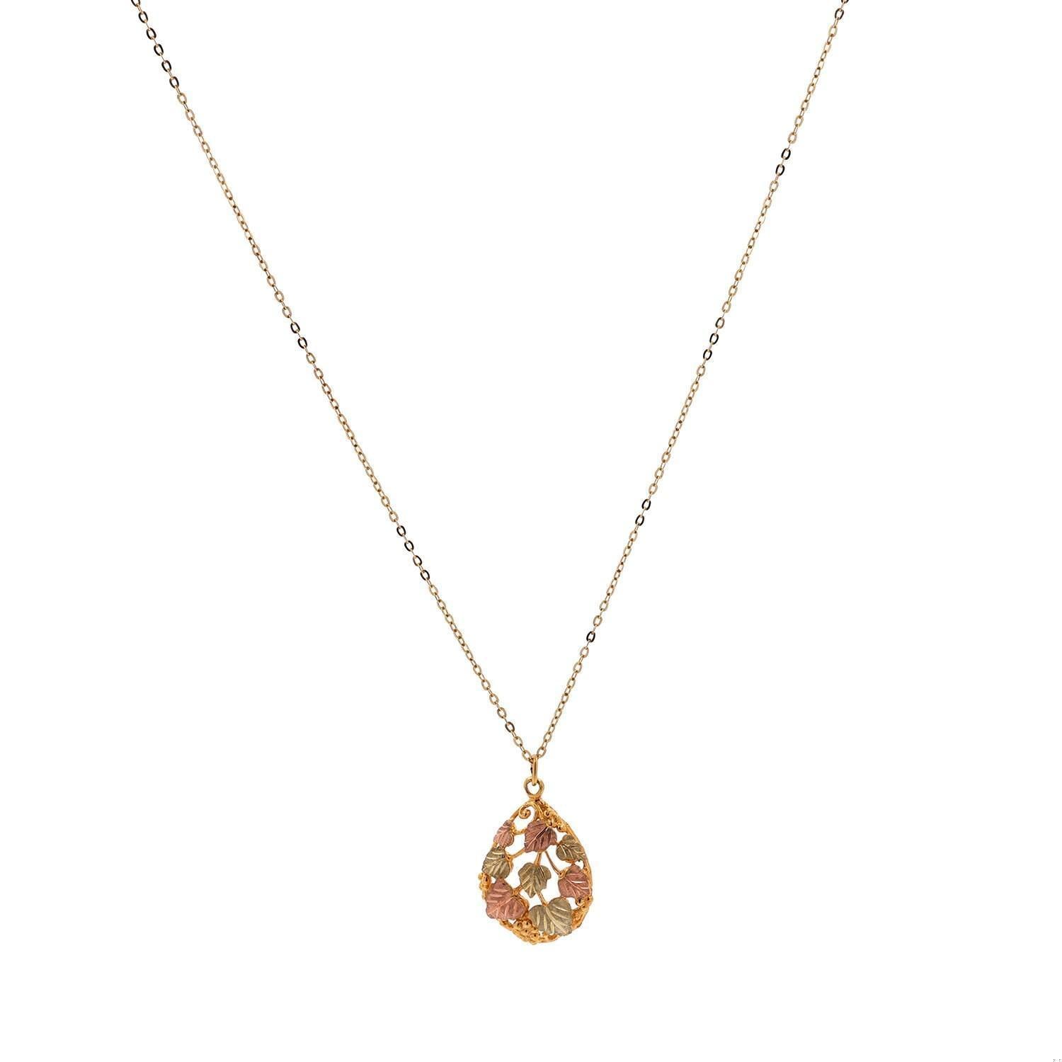 Black Hills Teardrop Pendant Chain Necklace Grape Leaf 10K 12K Tri-Colored Gold