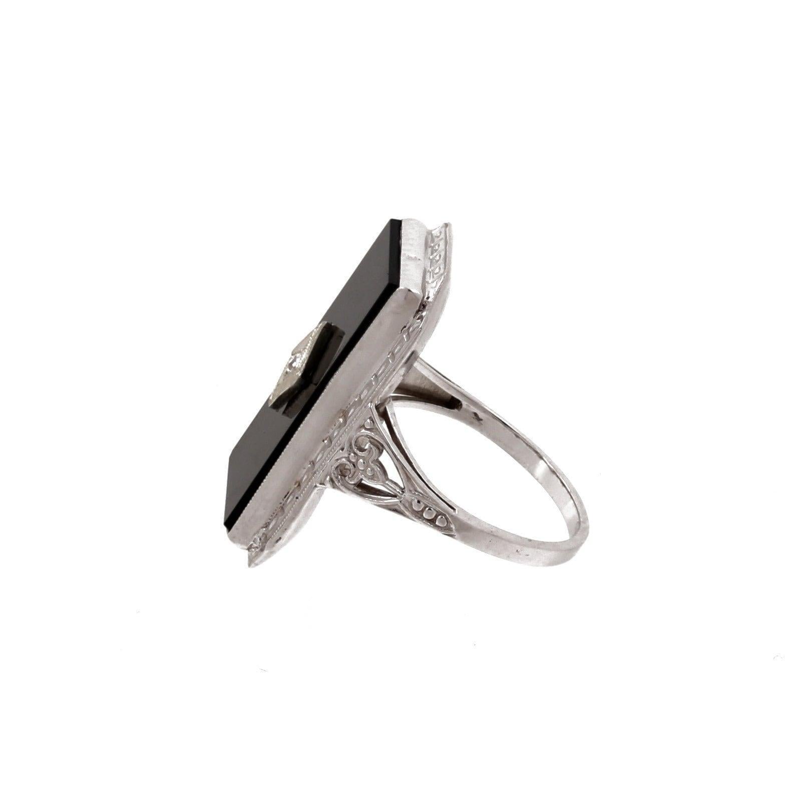 Black Onyx Diamond Accent Cocktail Ring 14K White Gold Filigree Size 4.5 Estate