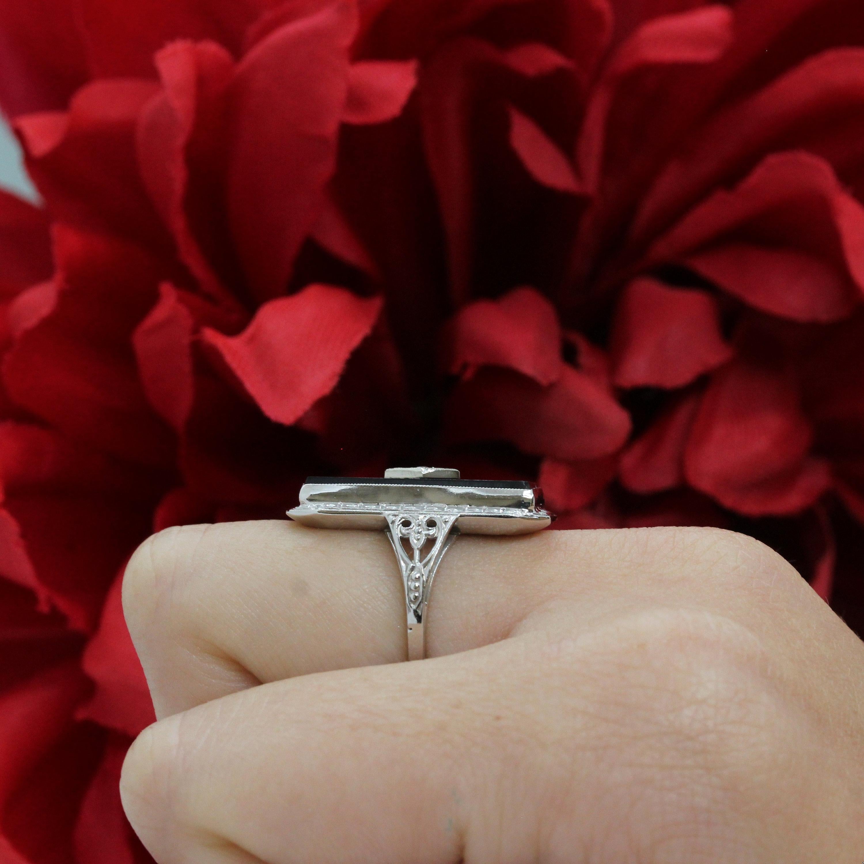 Black Onyx Diamond Accent Cocktail Ring 14K White Gold Filigree Size 4.5 Estate