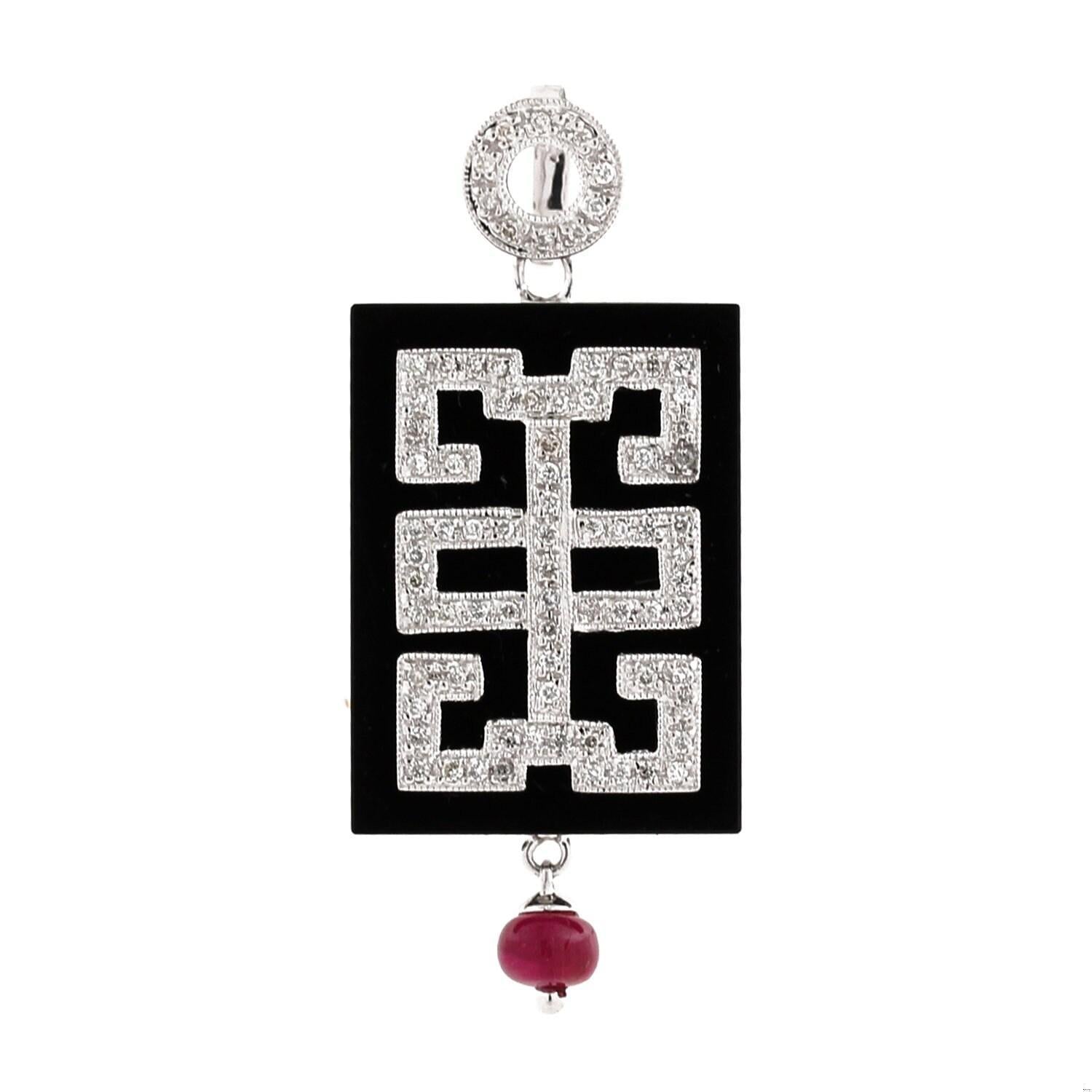 Black Onyx Diamond Ruby Pendant White Gold Rectangle 1.75" Vintage Unisex