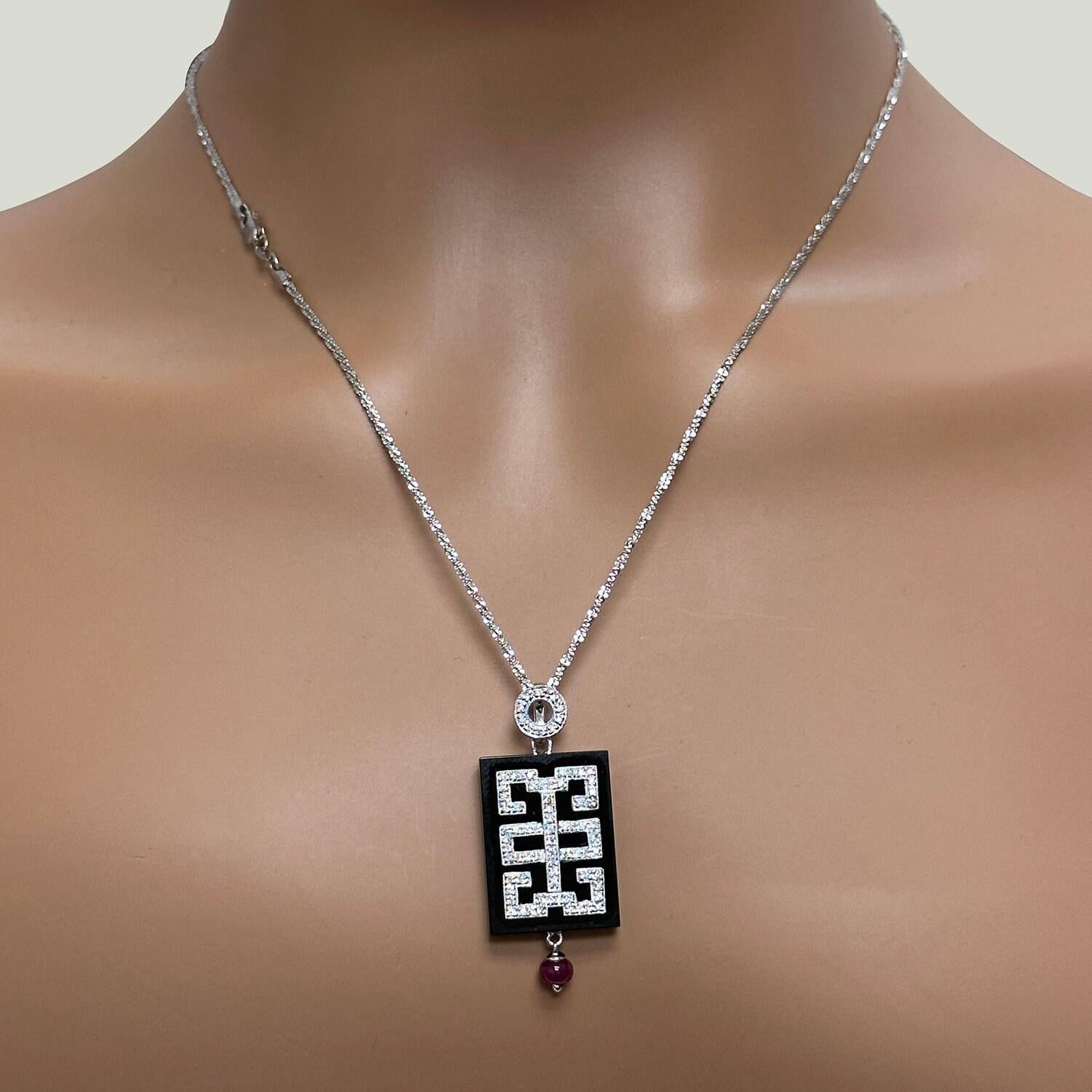 Black Onyx Diamond Ruby Pendant White Gold Rectangle 1.75" Vintage Unisex