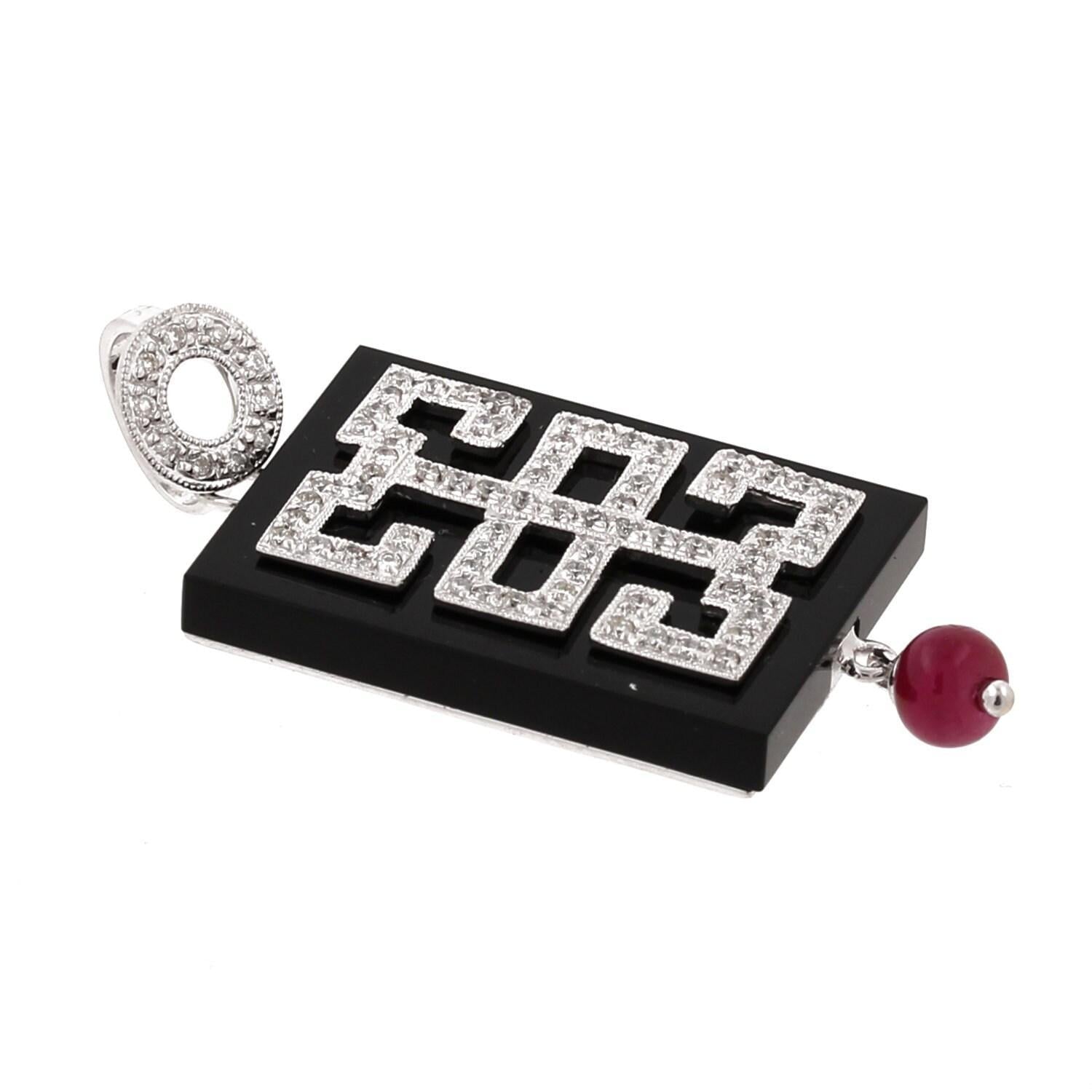 Black Onyx Diamond Ruby Pendant White Gold Rectangle 1.75" Vintage Unisex